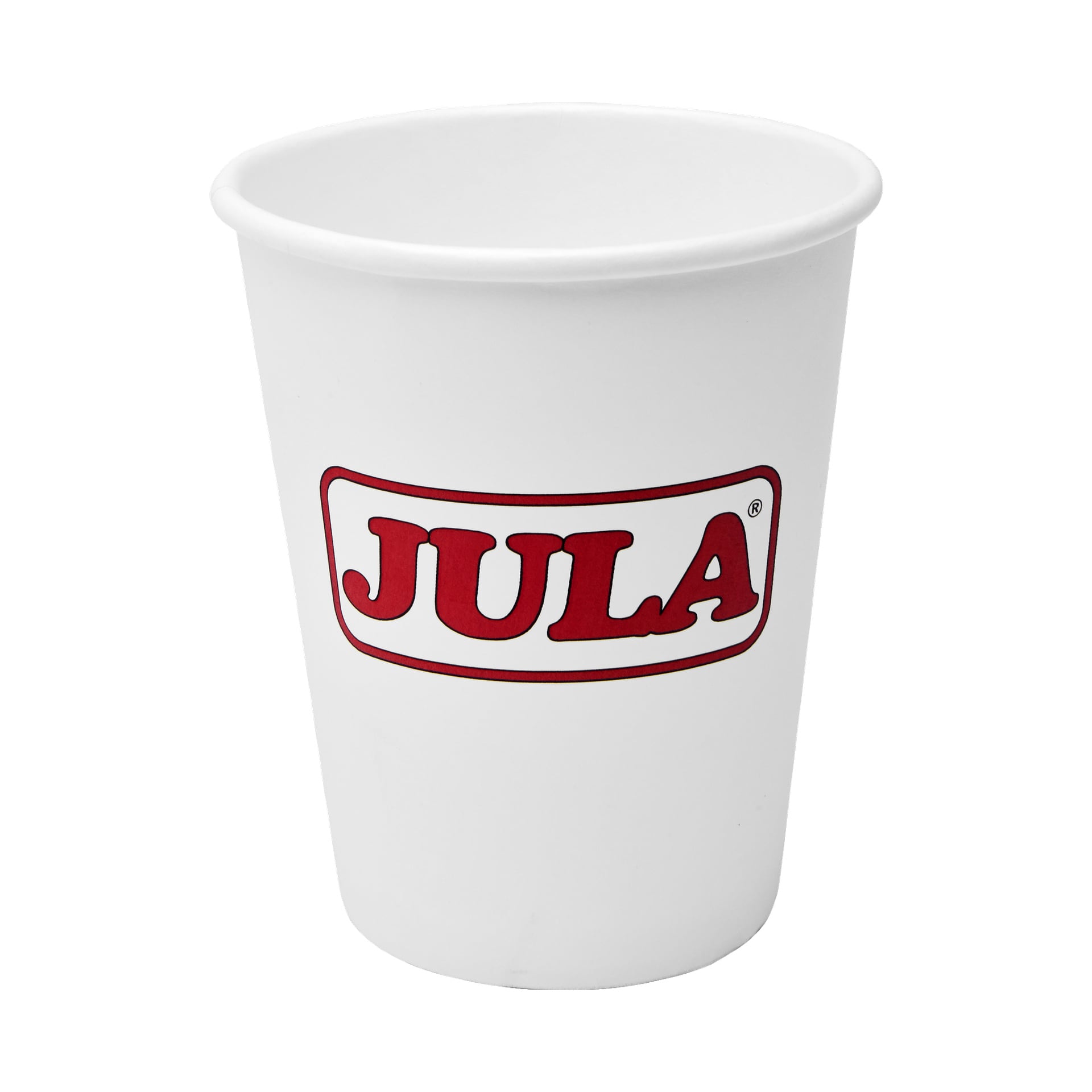 En enkel vit pappersmugg från Jula, med "JULA" i feta röda bokstäver inom en röd rektangel på sidan. Finns i paket om 10, utan extra mönster eller markeringar.