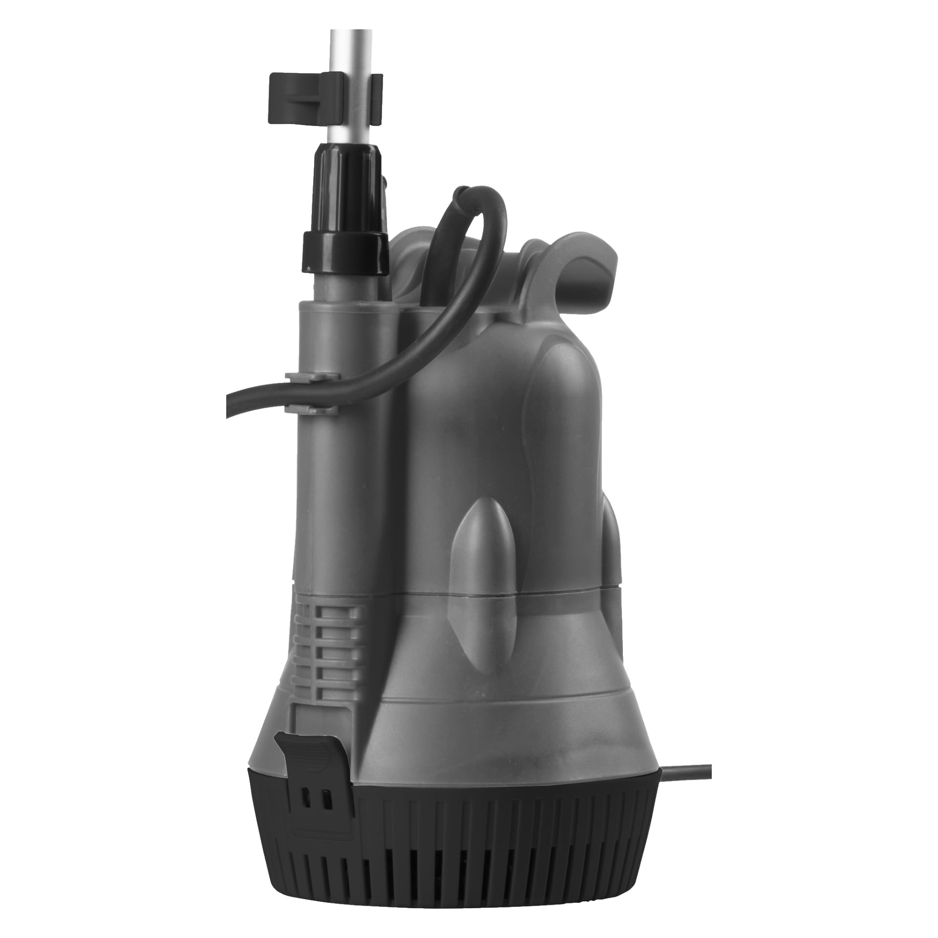 En grå Meec Tools nedsänkbar pump med cylindrisk design, basventiler, handtag, strömkabel och utloppsrör monterade på de övre anslutningsportarna.