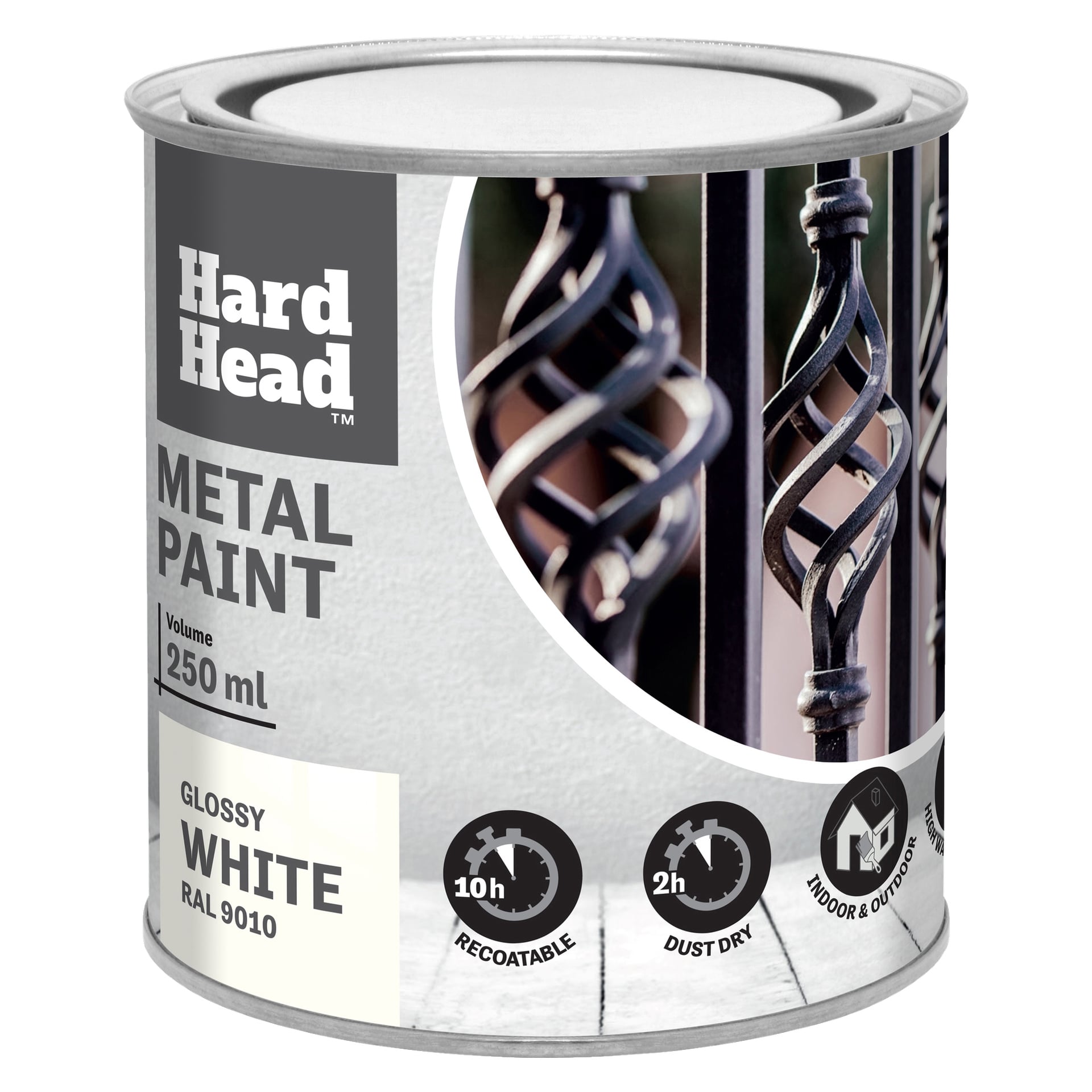 En 250 ml boks med Hard Head Metal-maling i blank hvit RAL 9010, med en etikett med metallrekkverk og ikoner som sier 10-timers omlakkering, 2-timers støvtørking og innendørs/utendørs bruk.