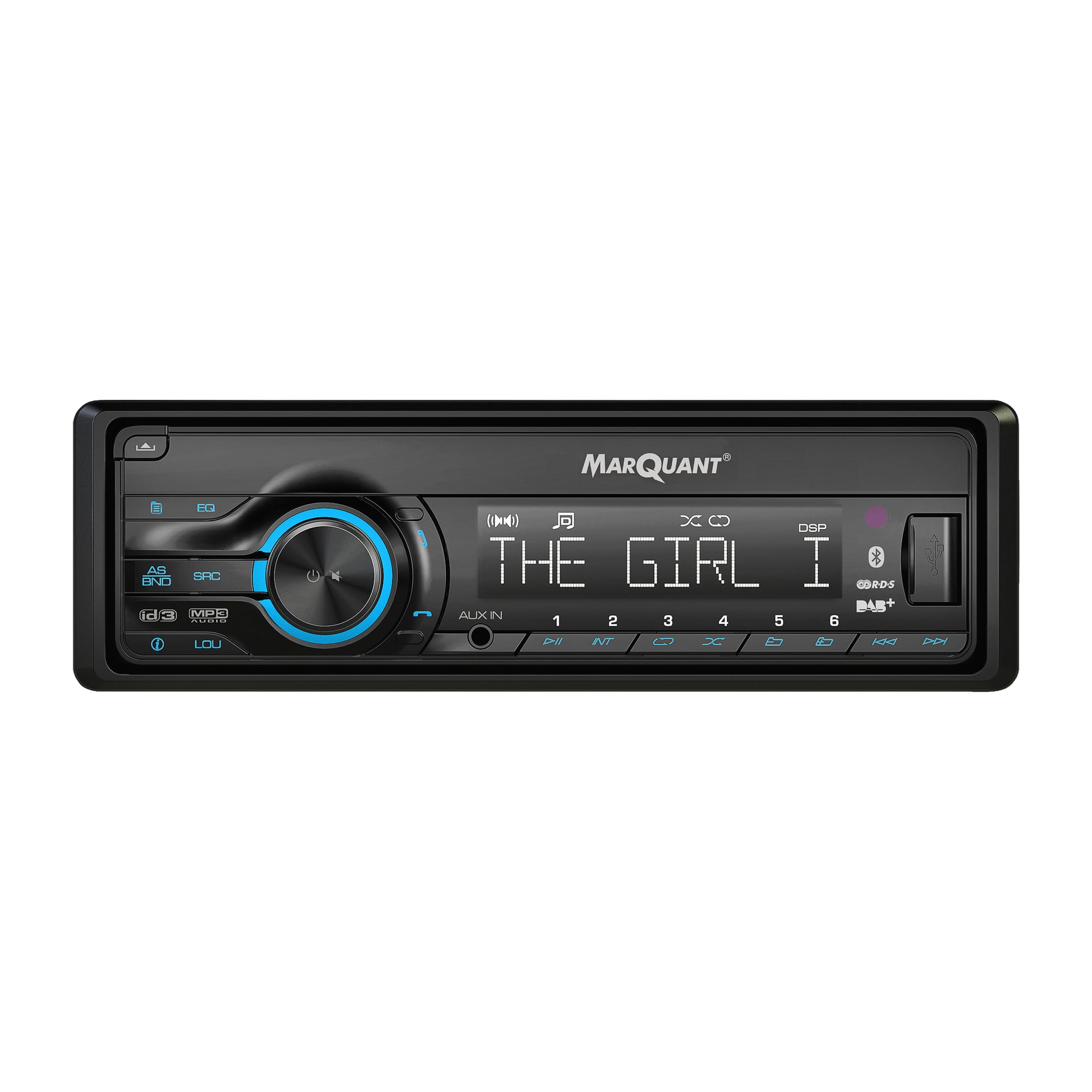 Et svart Marquant bilstereoanlegg med en digital skjerm som viste «THE GIRL I», omgitt av ulike kontrollknapper, en fremtredende volumknapp og avspillingssymboler. Den tilbyr MP3-, AUX- og DAB+-kompatibilitet.
