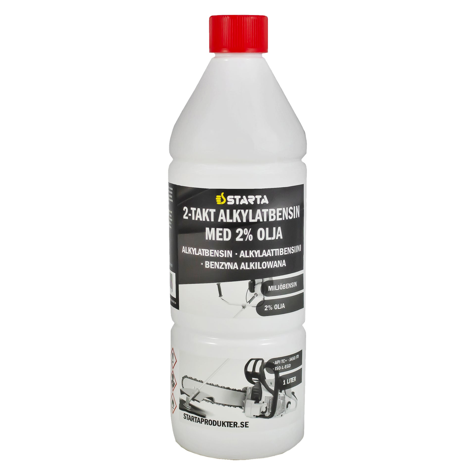 En enliters vit plastflaska med Starta Alkylate tvåtaktsbensin, med bilder på en trimmer och motorsåg på etiketten för att visa att den är designad för tvåtaktsmotorer.