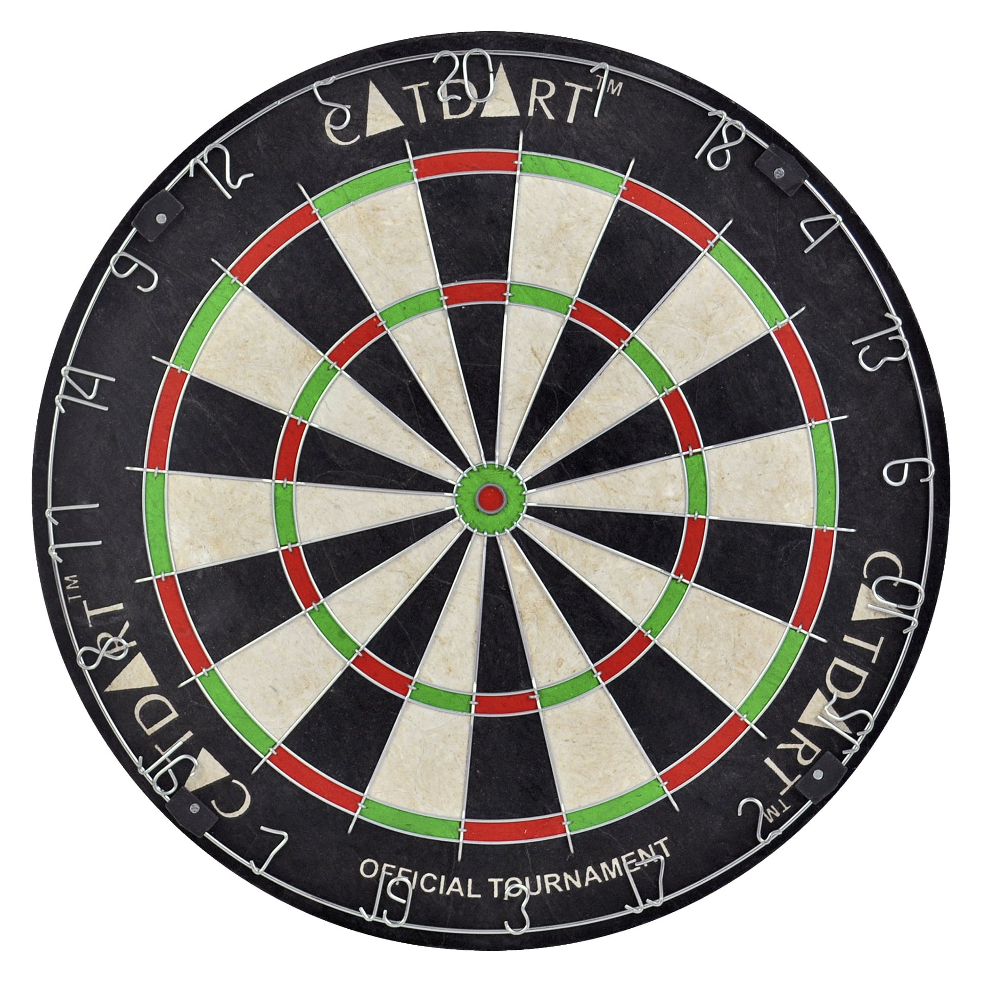 Dartboard Catdart Bristle by Catdart sisältää mustia, valkoisia, punaisia ja vihreitä segmenttejä, jotka on numeroitu 1–20 reunuksen ympärillä. Mustalla pinnalla lukee sanat OUTDART ja OFFICIAL TOURNAMENT.