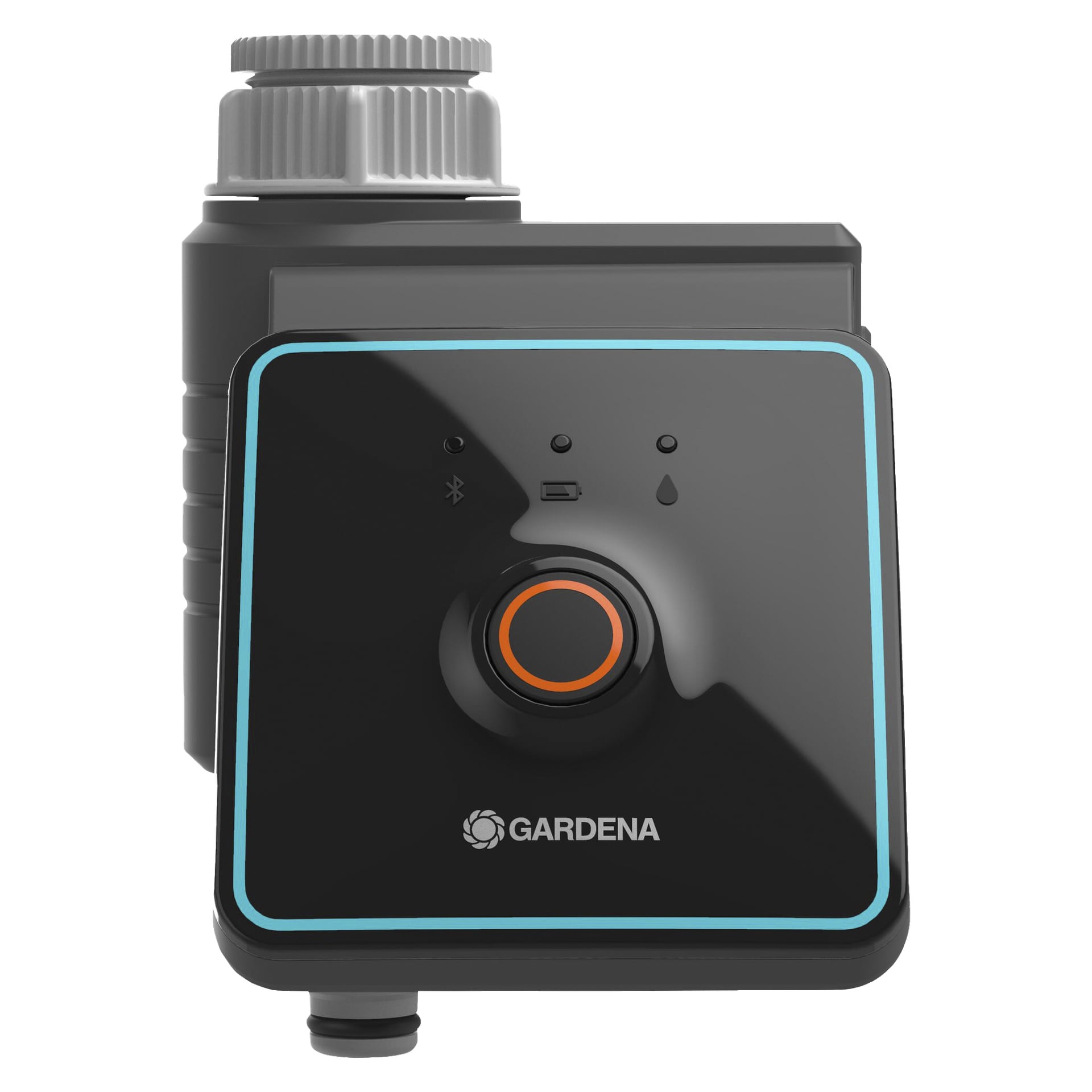 Zbliżenie czarnego urządzenia Bluetooth Gardena Watering Computer, podkreślonego pomarańczowym centralnym przyciskiem, symbolami kropli wody i bezprzewodowego połączenia, obrysowanych na niebiesko. Na górze zamontowany jest złącze węża.