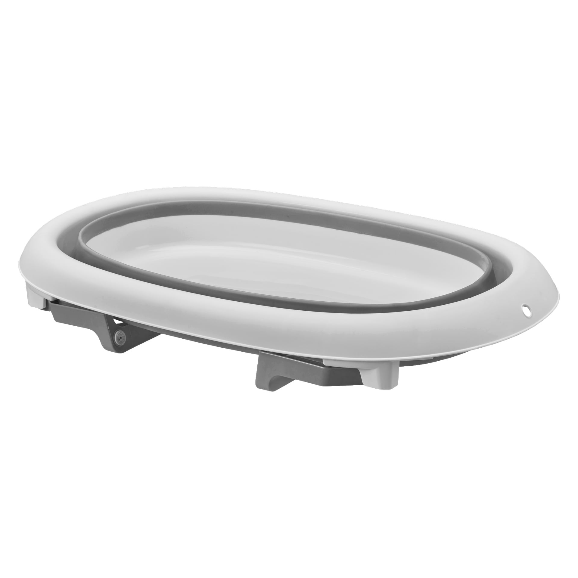 Menuett Hopfällbar badkar är en oval plastbalja i vitt och grått med upphöjd kant, som visas delvis kollapset.