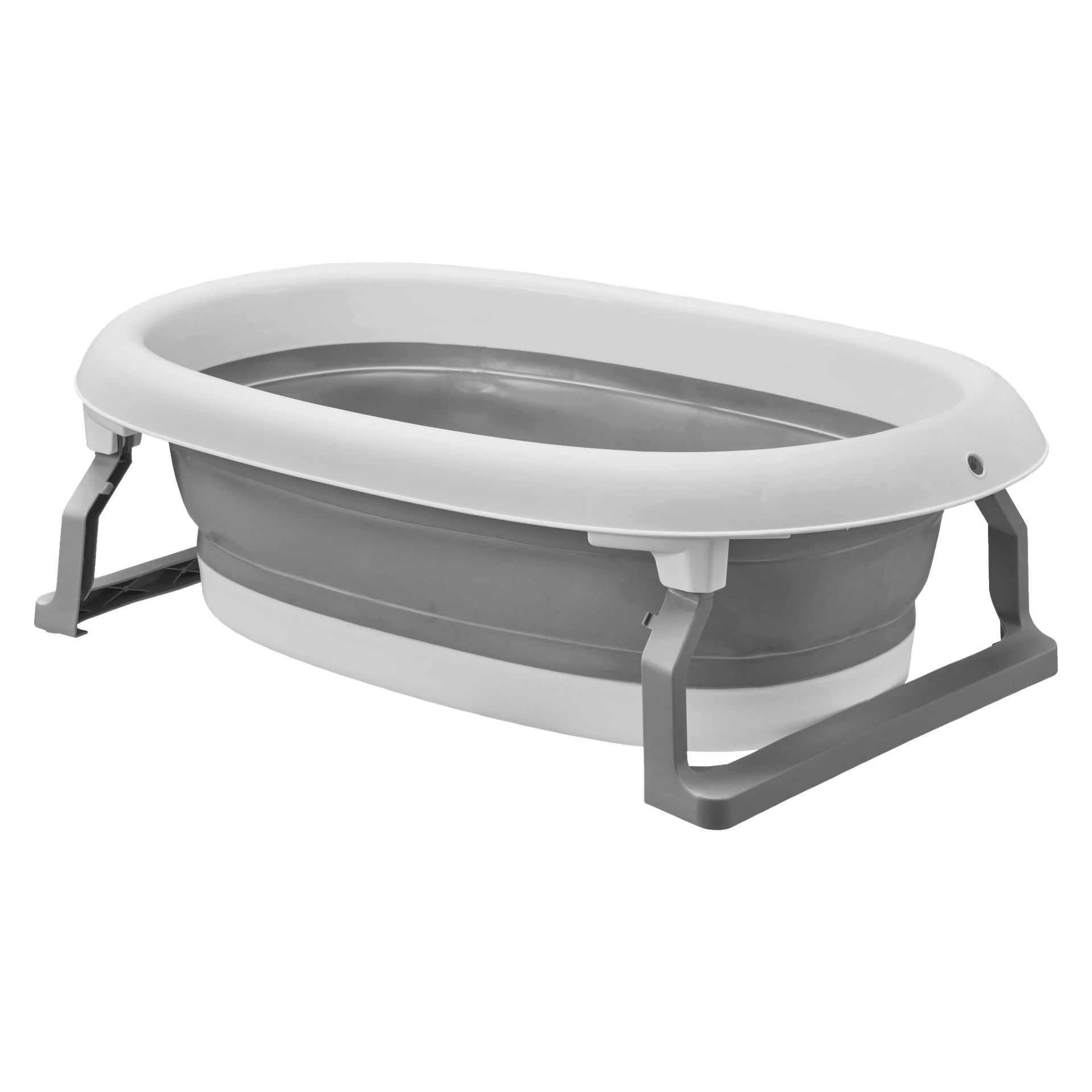 Menuett Hopfällbart badkar har en oval design, fällbara ben och en grå och vit färgschema. Det är enkelt att förvara kompakt när det inte används.