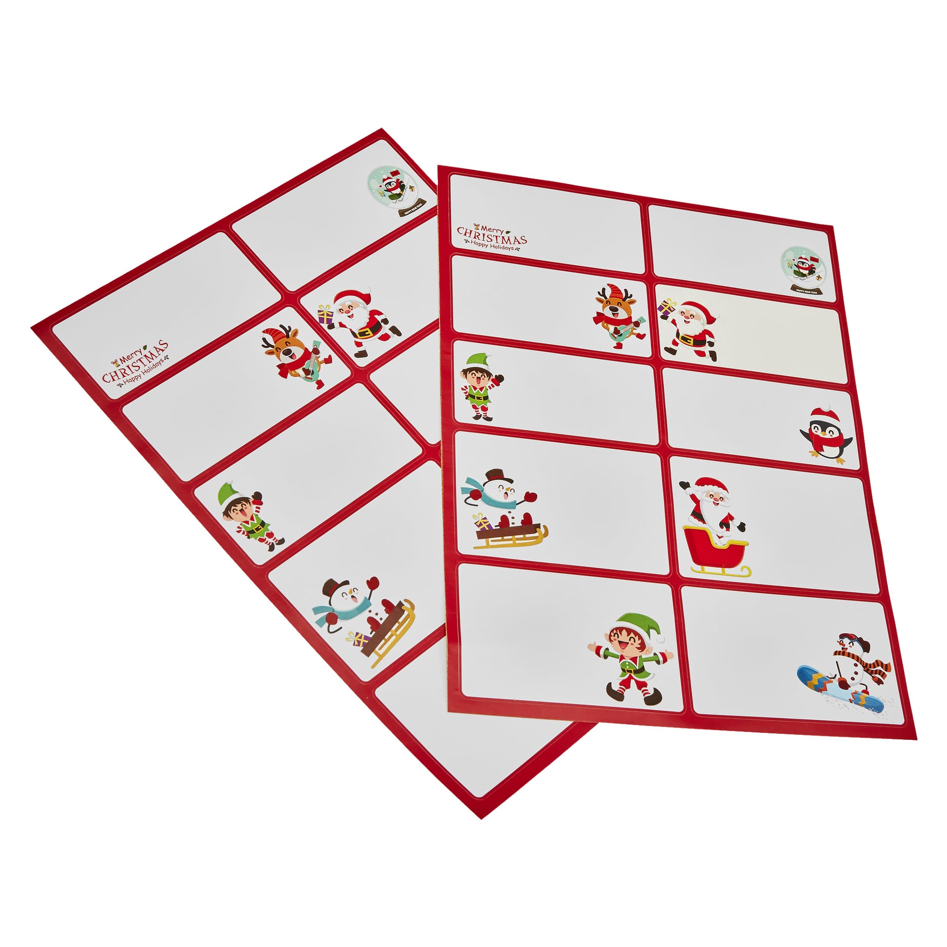 Menuett julklappsetiketter 20-pack: innehåller två ark rektangulära etiketter med röda kanter, områden att skriva på och glada illustrationer av tomten, nissen, snögubben och renarna i hörnen.