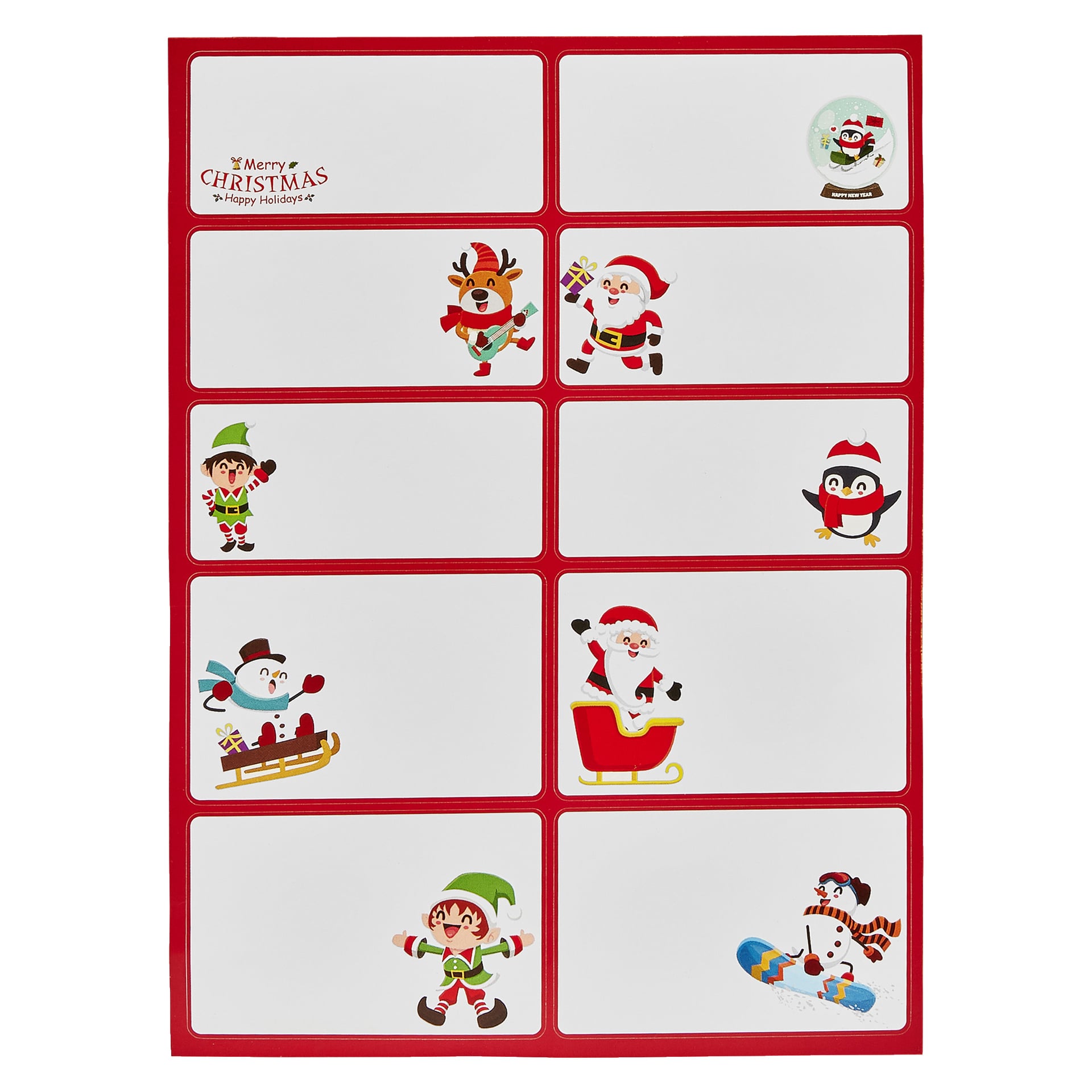 Menuett julklappsetiketter 20-pack: Festliga klistermärken med röda kanter och motiv av tomten, nissar, renar, snöglob, pingvin, släde och presenter. Varje etikett har ett tomt utrymme att skriva på.
