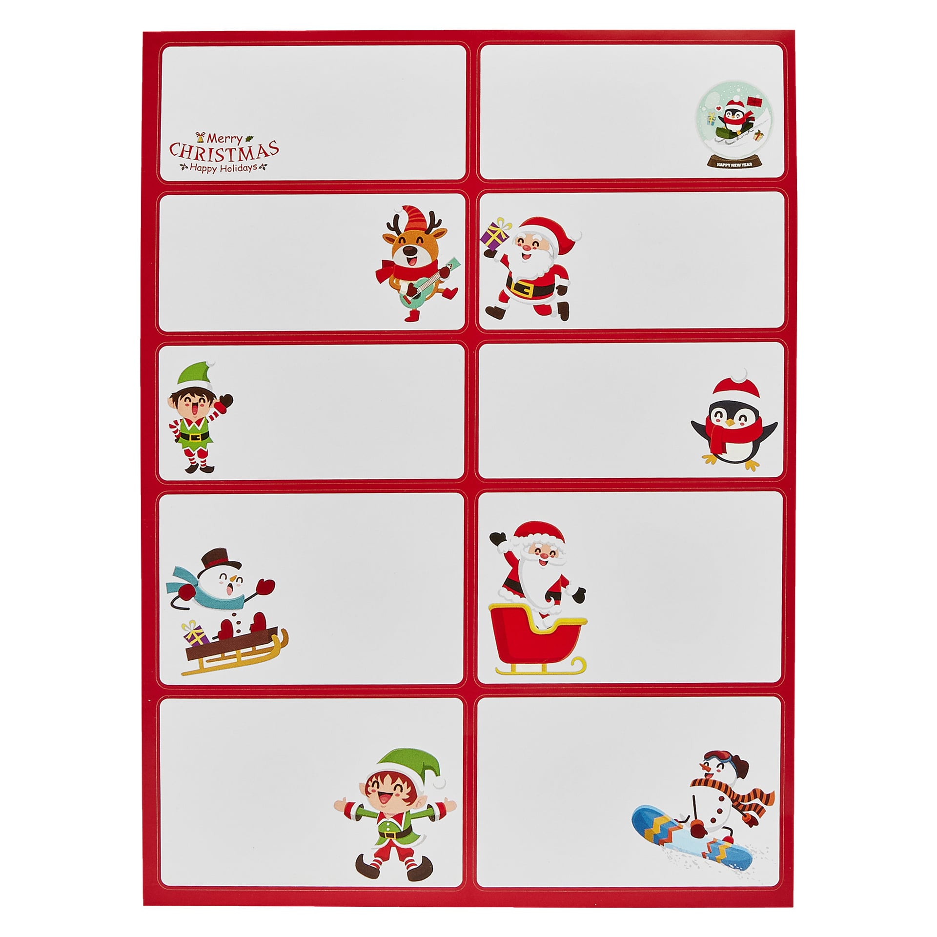 Menuett-julklappsetiketter 20-pack festliga presentetiketter har röda kanter och en mängd illustrationer – tomten, renarna, nissarna, pingvinen, snögloben, snögubben, släden – med plats för namn eller meddelanden.
