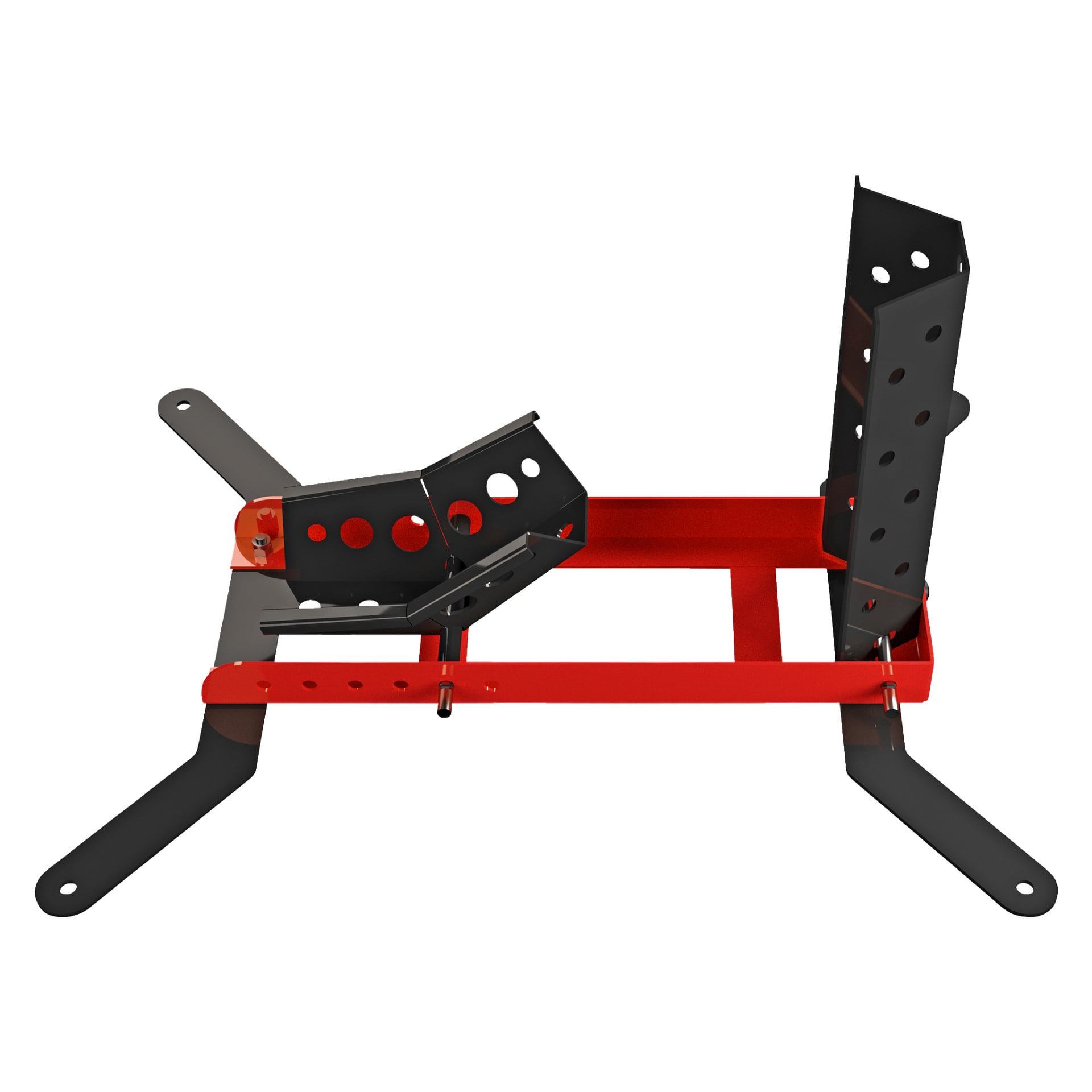 En röd och svart metallram med justerbara, perforerade stödfästen och fyra utdragbara ben, specifikt byggda som Hamron Front Wheel Support för motorcyklar.
