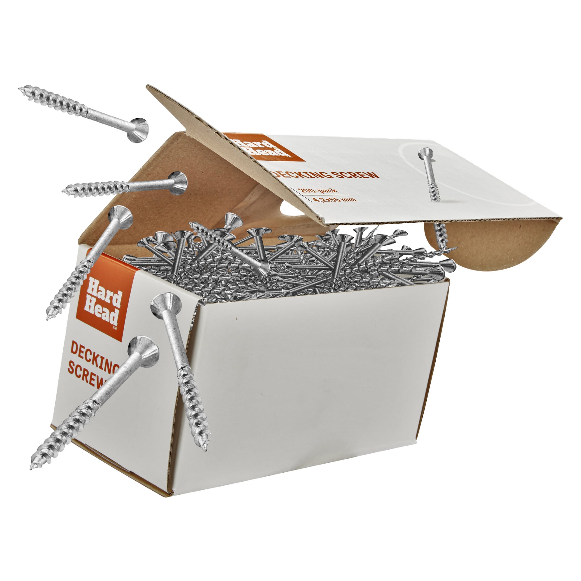 En vit kartong märkt "Hard Head Decking screw 200 pack" står lätt lutad framåt, fylld med många silverskruvar. Flera skruvar är utspridda och verkar flyta nära lådan.