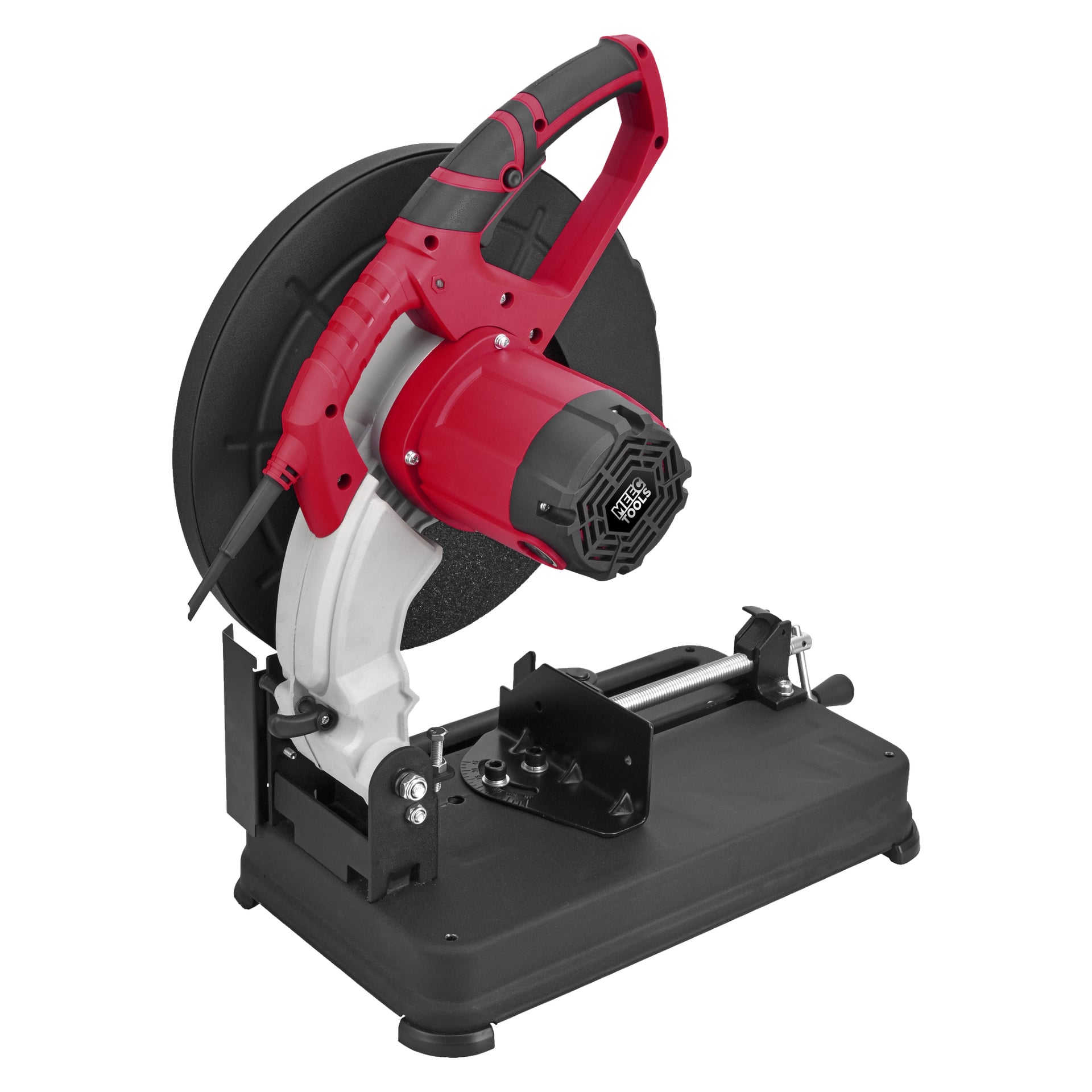 Rød og svart Meec Tools ME-W HOME 330 elektrisk metallsag med sirkulært blad, svart base, skrustikke og venstre strømkabel.