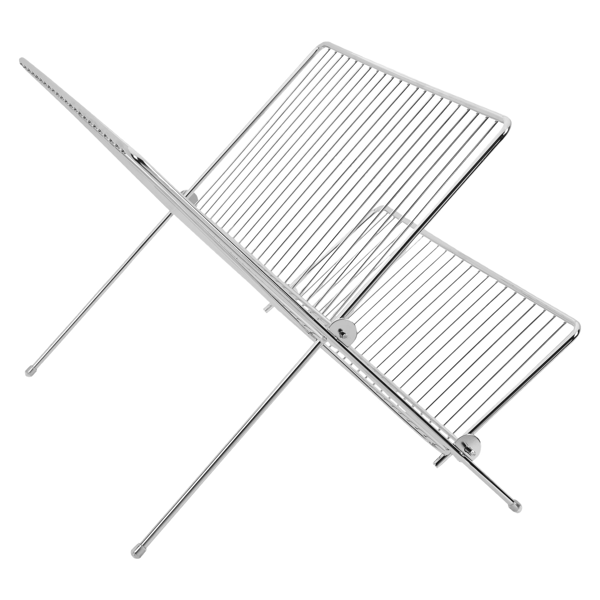 Ett rostfritt Menuett-diskställ med en slank, minimalistisk struktur designad för optimal luftflöde. Den innehåller två vinklade sektioner för att hålla tallrikar eller brickor, upphöjda och stabiliserade av fyra robusta ben.