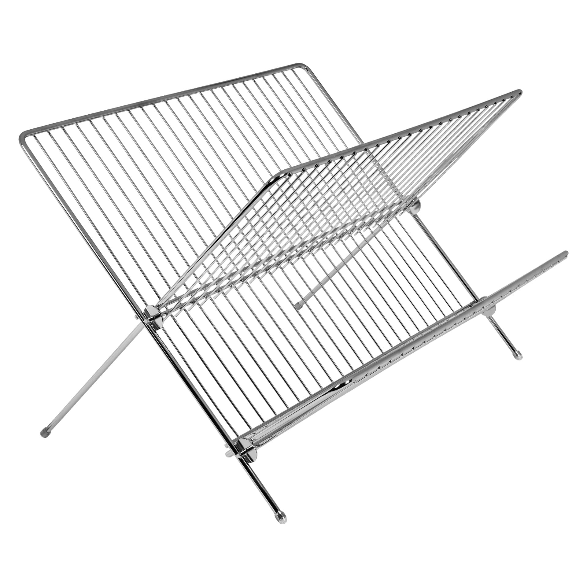 Menuett-diskstället är ett vikbart metallställ i silver med parallella stänger och två ben som bildar X-formade stöd.