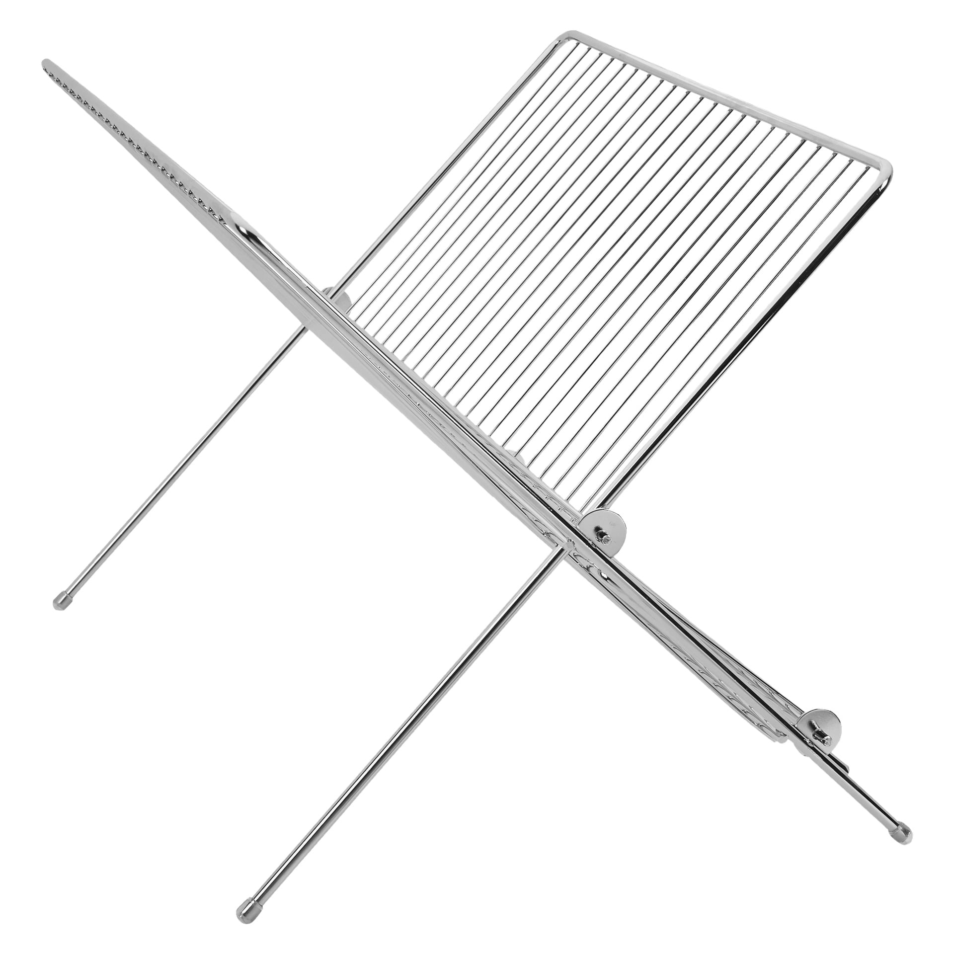 Ett öppet, fällbart silvermetalldiskställ från Menuett visar parallella stänger på toppen och vinklade stödben.