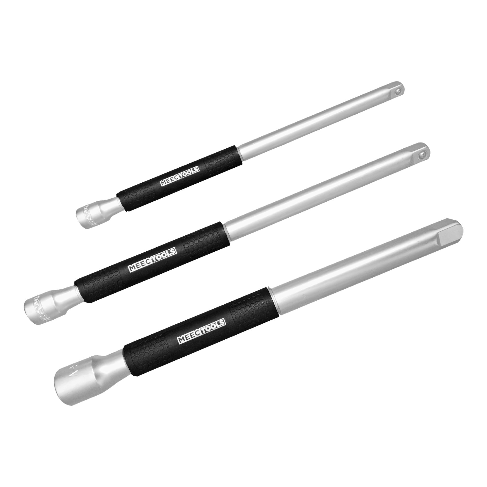 Tre Meec Tools pipeforlengelsesstenger, hver med svarte teksturerte grep, er plassert diagonalt og øker i størrelse fra topp til bunn.