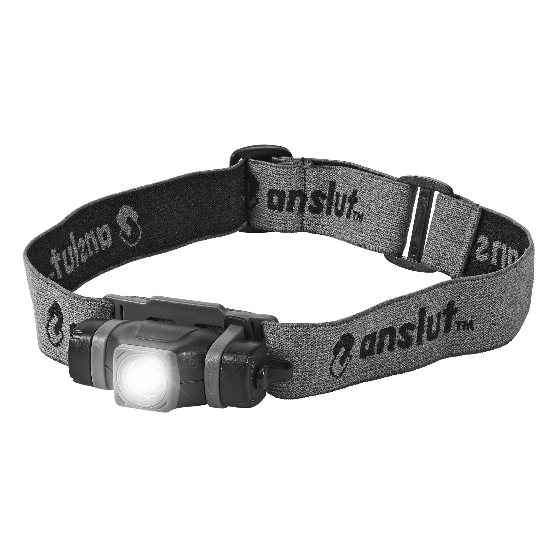 LED-pannlampa från Anslut med justerbart plasthölje i grått och svart, en tänd frontlampa och ett elastiskt band med Anslut-varumärket i svart.