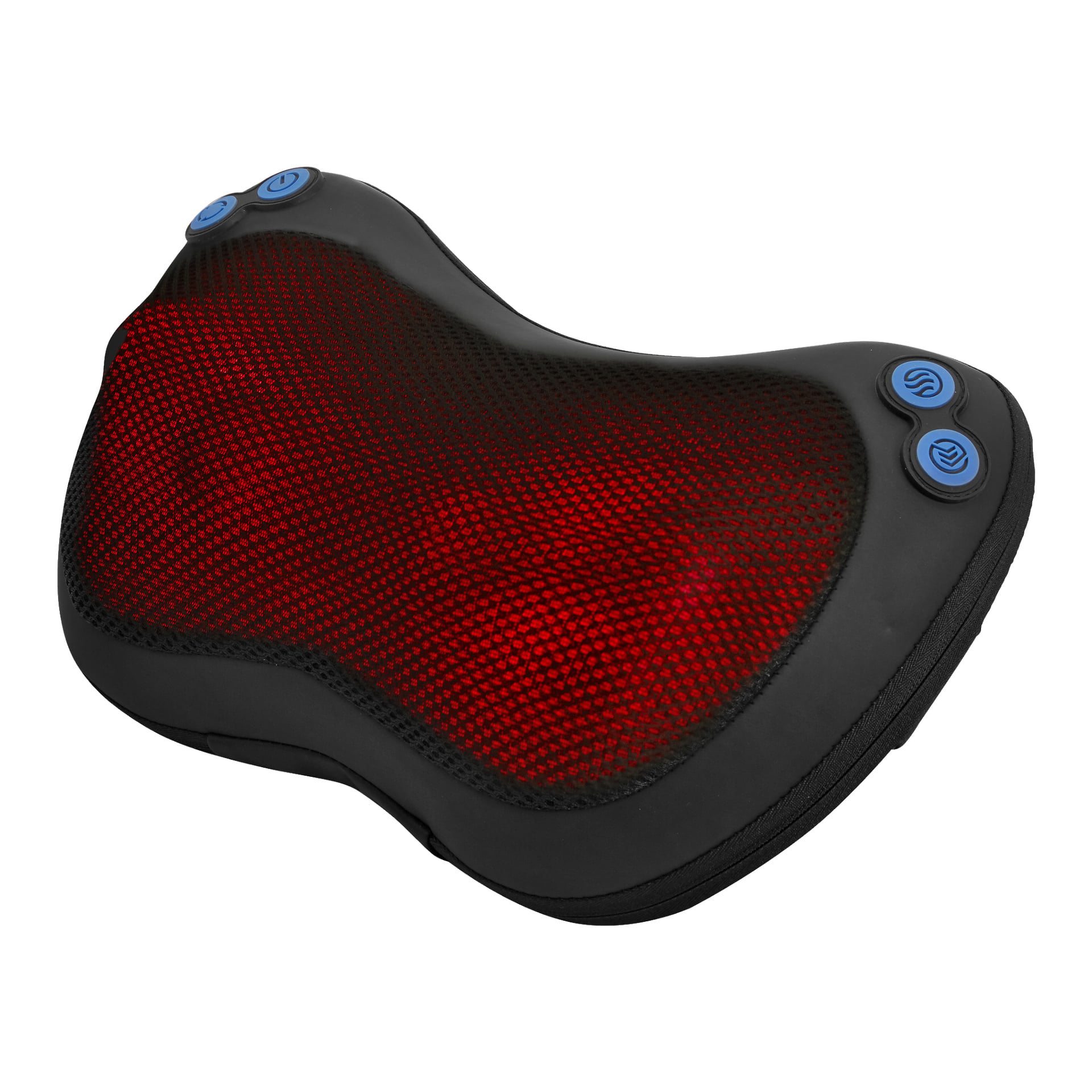 Bright Massage Cushion na szyję i plecy, z czarno-czerwonym wzorem siatki i trzema niebieskimi przyciskami kontrolnymi po bokach, jest włączona, emitując widoczne czerwone światło od środka.