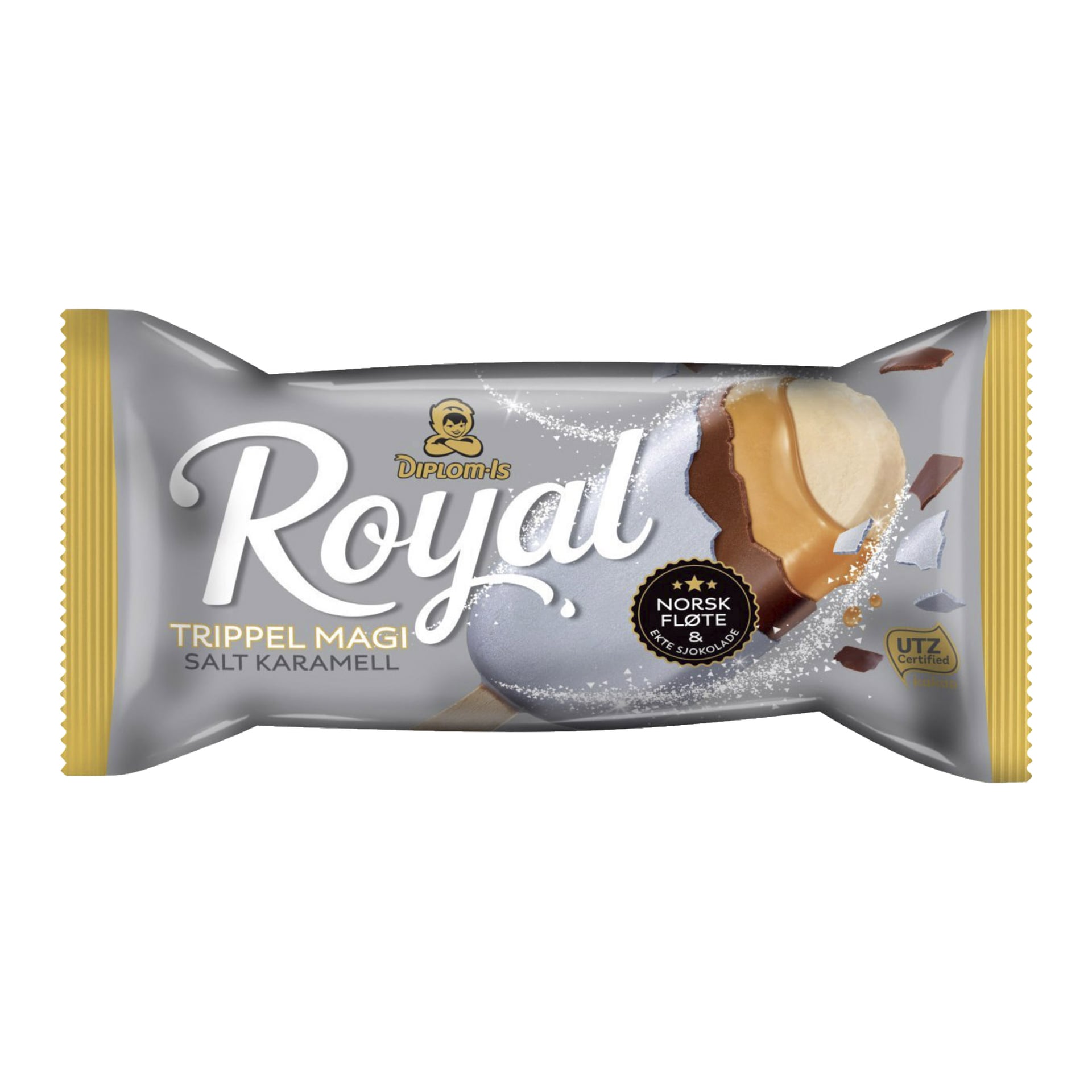 En Diplom-Is Royal Trippel Magi iskrembar vises i emballasjen, som viser et bilde av iskremen på en pinne, Diplom-Is-logoen og beskrivende tekst.