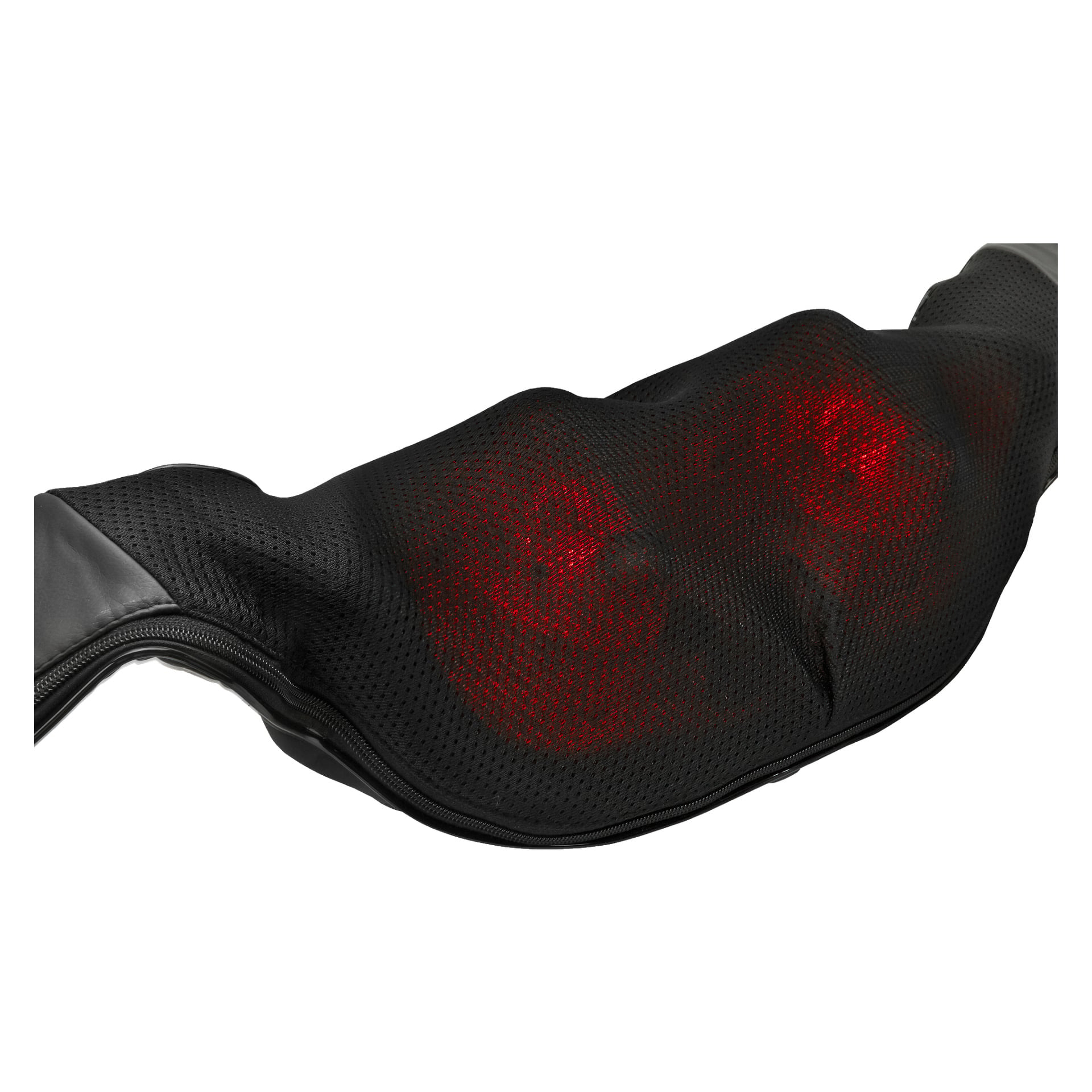 Närbild av Bright Massage Cushion, designad för nacke och axel, med sitt svarta nättäcke och röda värmenoder som lyser under ytan, vilket indikerar att den är påslagen och i drift.
