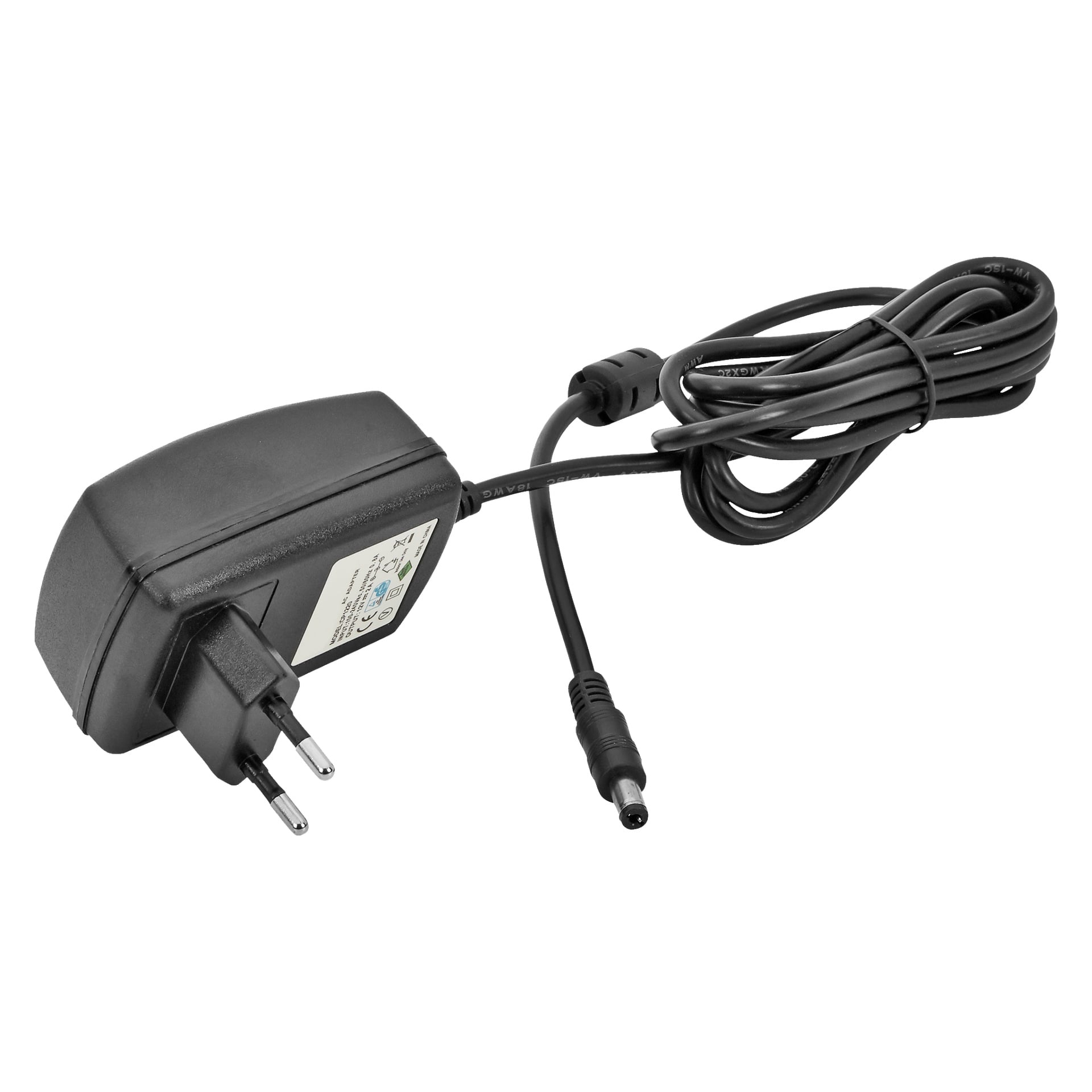 En svart nätadapter designad för Bright-massagedynan för nacke och axlar, med en tvåpolig europeisk kontakt och en lång kabel med tunnkontakt.