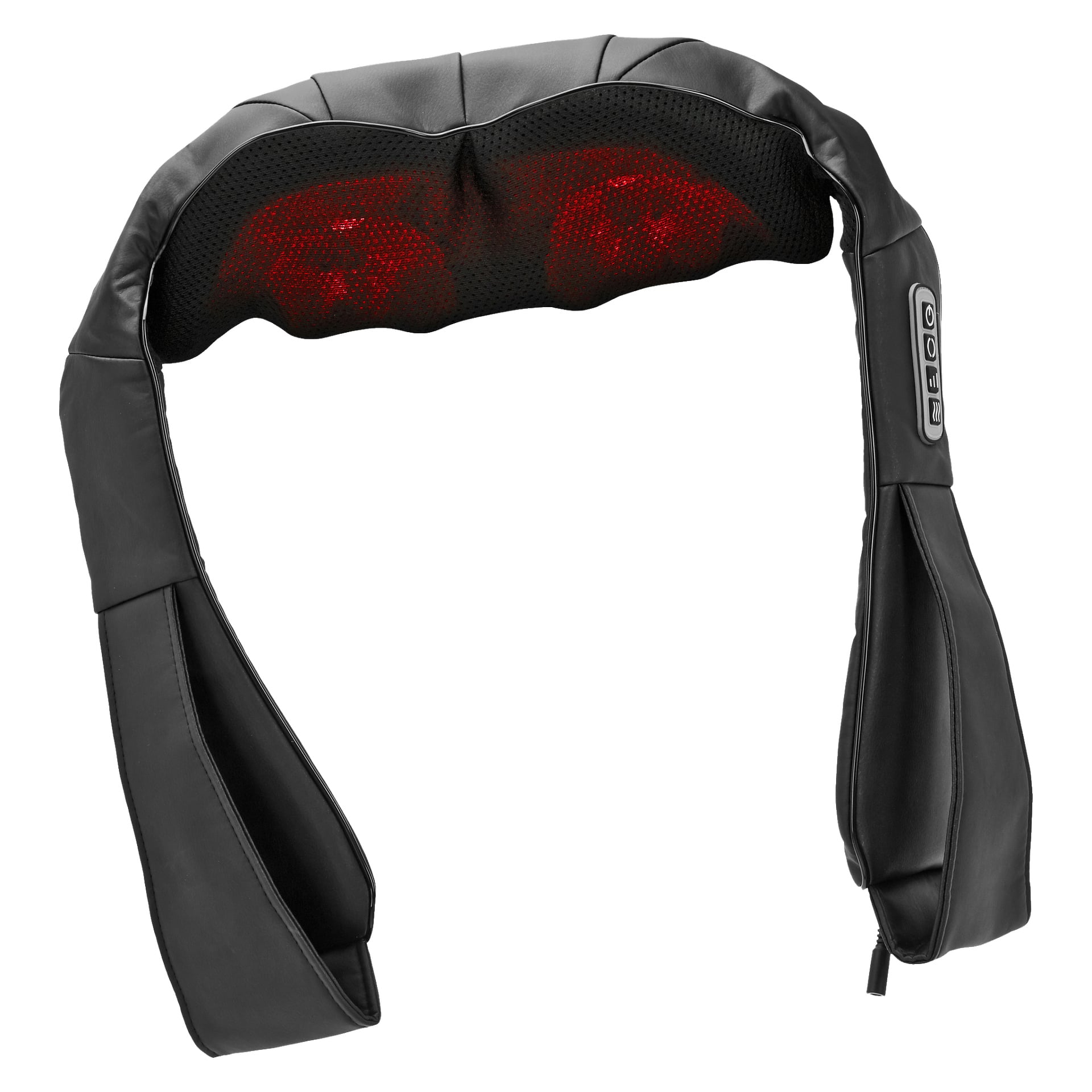 En svart bärbar Bright Massage Cushion designad för nacke och axlar, med två lysande röda massagenoder synliga under ett nät i mitten och kontrollknappar på höger sida, gjorda för att vila bekvämt över axlarna.