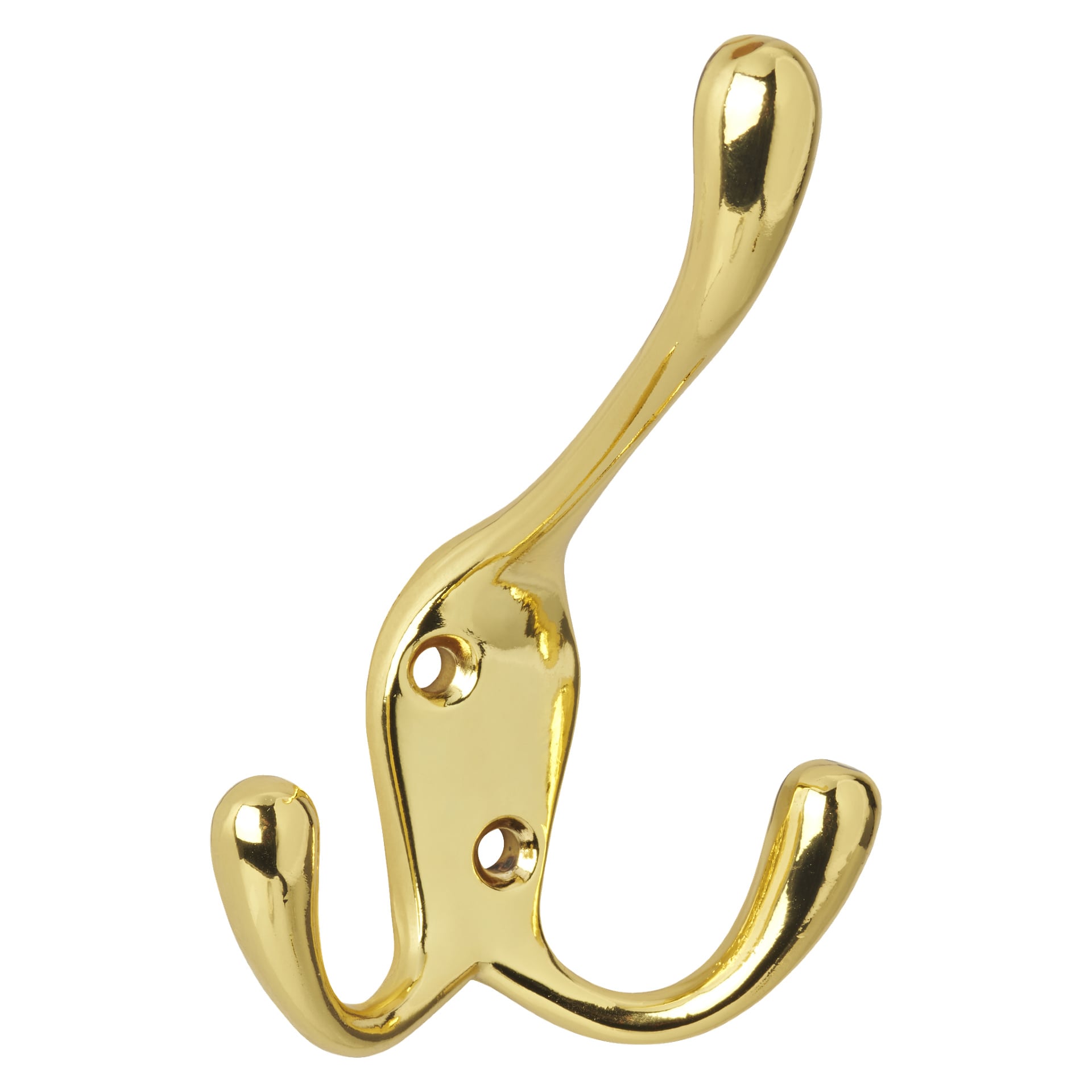 Hard Head Triple Clothes Hook har ett polerat mässingsutseende med tre taggar: den övre sträcker sig högre och böjer sig uppåt, medan de två nedre böjer sig utåt. Den fästs vid ytor med två tydligt synliga skruvar på sin plana monteringsbas.