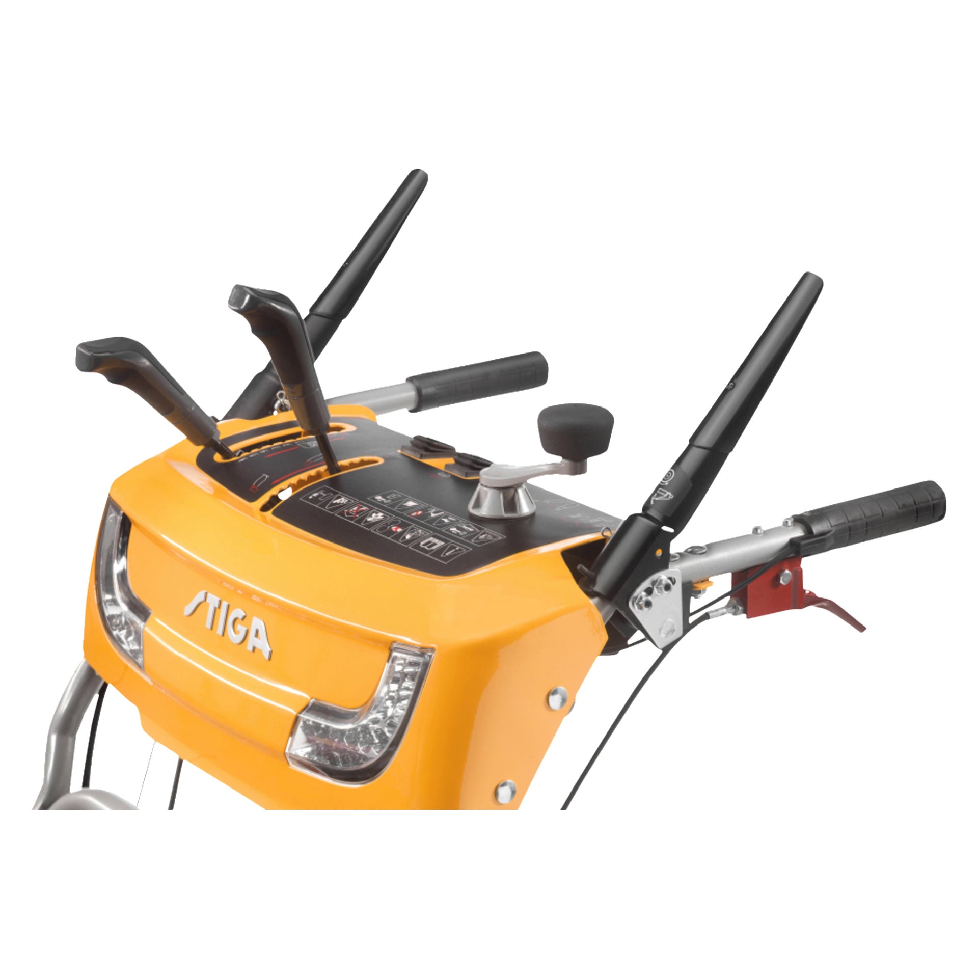 Detaljert visning av den gule Stiga Snowblower ST 5266 P TRACs kontrollpanel og styre, med flere spaker, knapper og grep plassert over larvebeltene.