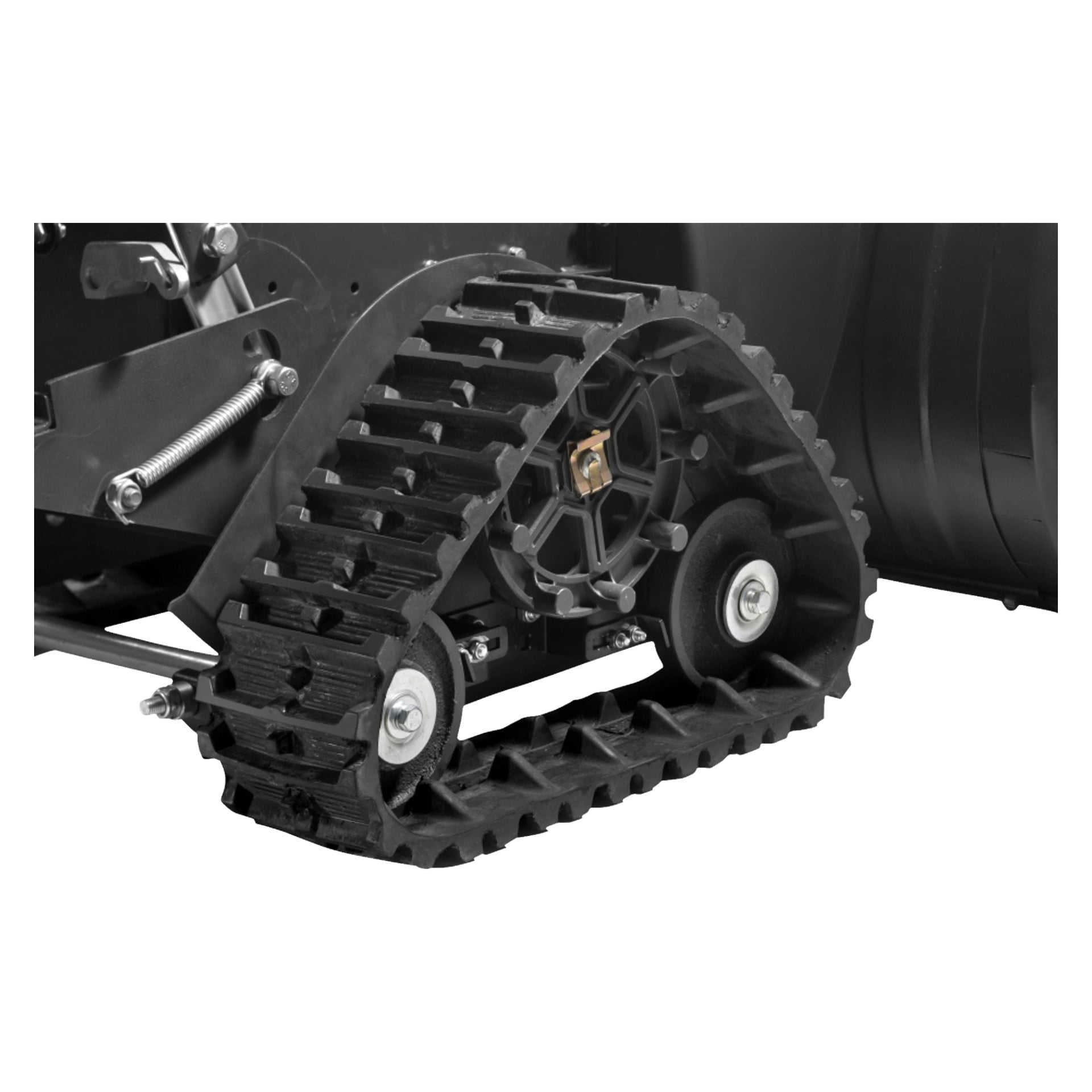 Detaljert nærbilde av Stiga Snowblower ST 5266 P TRAC som viser frem larvebeltesystemet laget av svart gummi, sammen med synlige hjul og solide metalldeler.