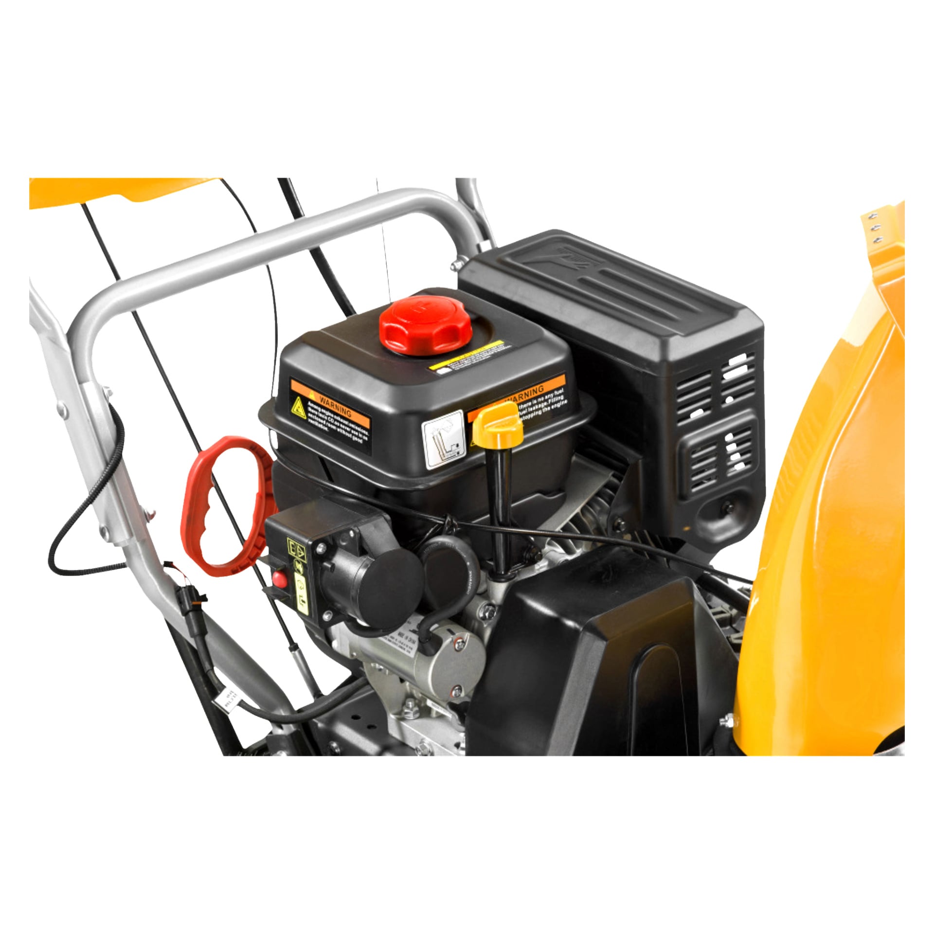 Detaljert nærbilde av en Stiga Snowblower ST 5266 P TRAC, som viser frem larvesporene og den robuste svarte og gule bensinmotoren. Nøkkelfunksjoner som det røde drivstofftanklokket, oljelokket, luftfilteret og den solide metallrammen er tydelig synlige.