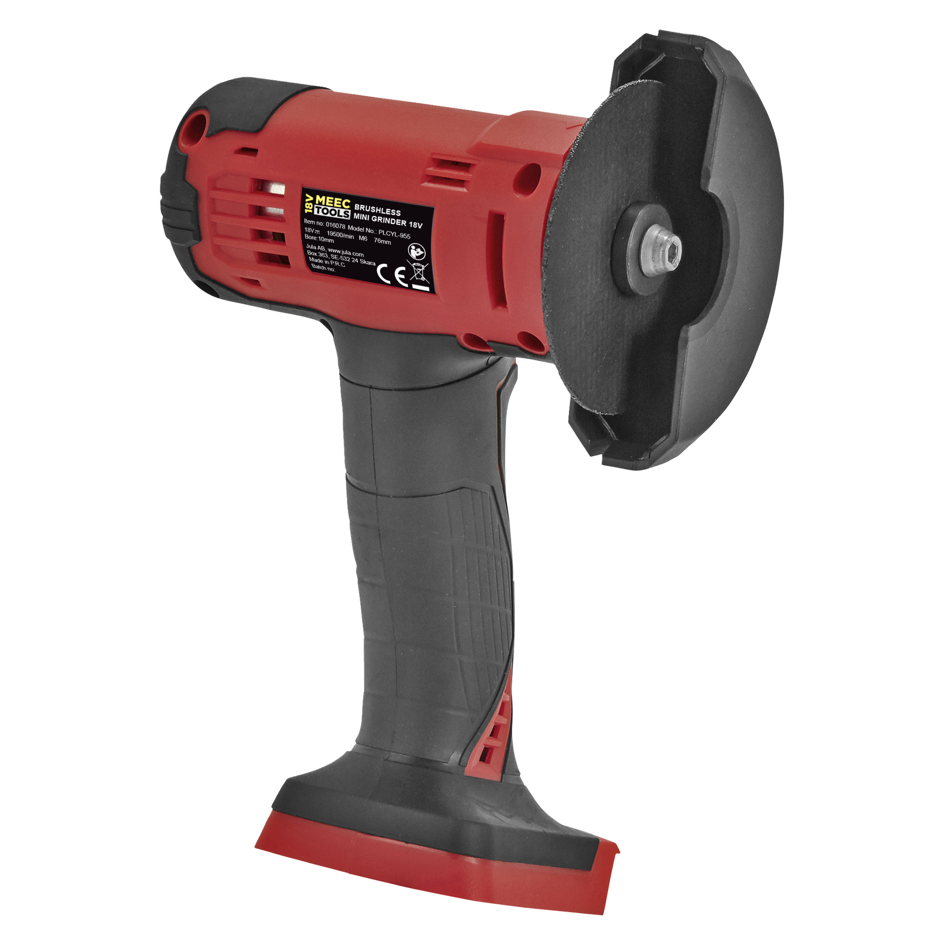 En röd och svart Meec Tools Multiseries Mini vinkelslip AG-18V HOME 300 ses från sidan och visar ett svart grepphandtag och en exponerad cirkulär slipskiva.