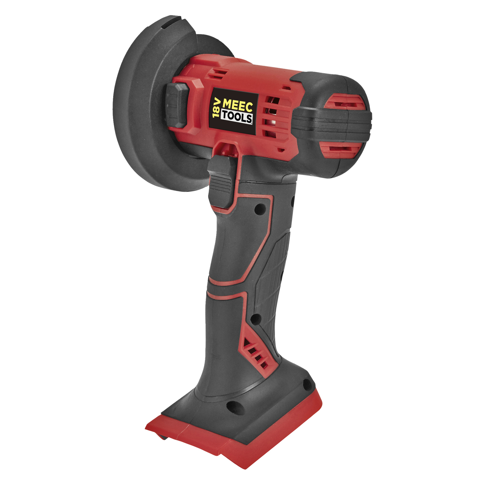 Ett svart och rött trådlöst handhållet verktyg märkt Meec Tools Multiseries Mini vinkelslip AG-18V HOME 300. Den har ett framträdande cirkulärt sliphuvud och ett texturerat handtag för säkert grepp, avsett för effektivt sliparbete.
