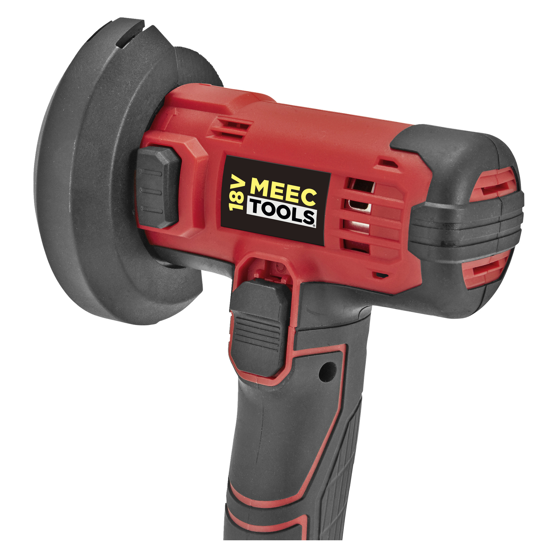 En detaljerad vy av en röd och svart sladdlös Mini vinkelslipmaskin AG-18V HOME 300 från Meec Tools Multiseries, med fokus på det ergonomiska handtaget, avtryckarbrytaren, ventilationsluckorna och den cirkulära säkerhetsskyddet.
