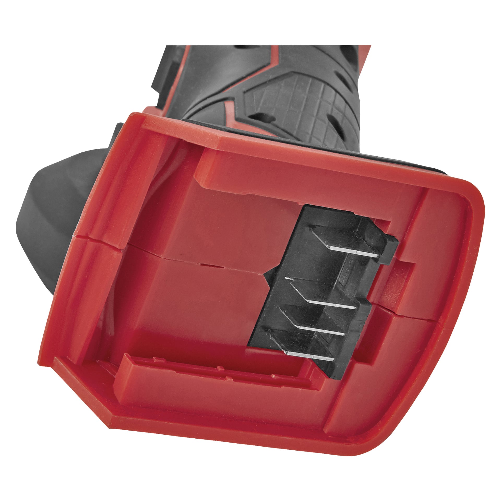 Detaljerad närbild av batteriplatsen på Meec Tools Multiseries Mini vinkelslipmaskinen AG-18V HOME 300, med framhävning av metallterminalerna och det rödsvarta plasthöljet.