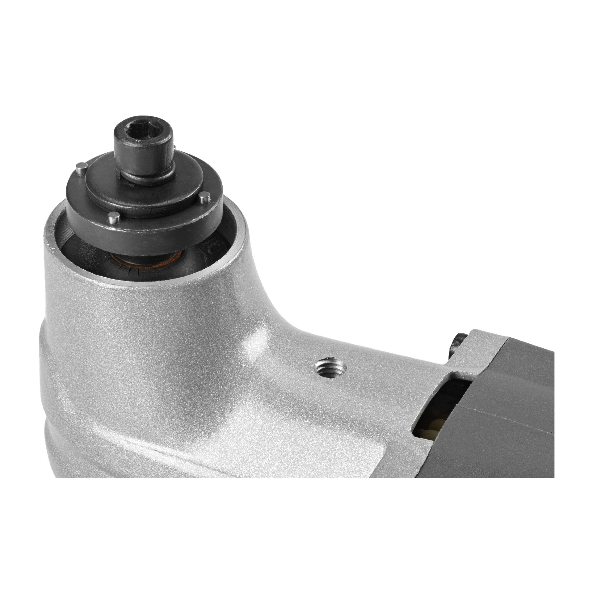 Närbild av den övre delen av ett Meec Tools Multi-verktygshuvud, som visar spindeln, flänsen, en del av dess silverkropp och ett skruvhål. Endast den övre delen är synlig; resten av verktyget är utanför ramen.