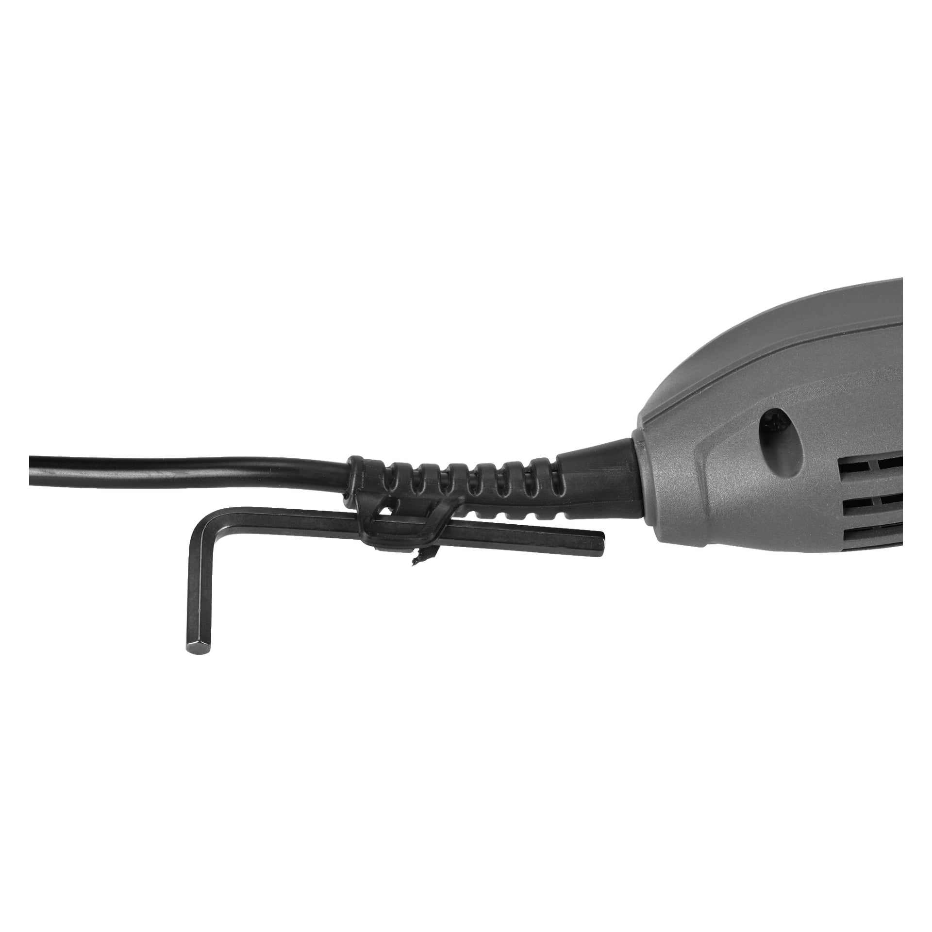 Närbild på ett grått Meec Tools Multi-tool med svart sladd. En L-formad insexnyckel är fäst i sladden i dess plasthållare.