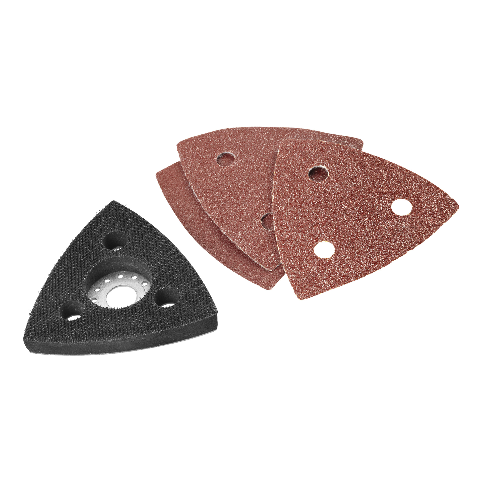 En Meec Tools Multitool svart triangulär slipplatta med tre hål står bredvid tre bruna sandpappersark, var och en med matchande hål.
