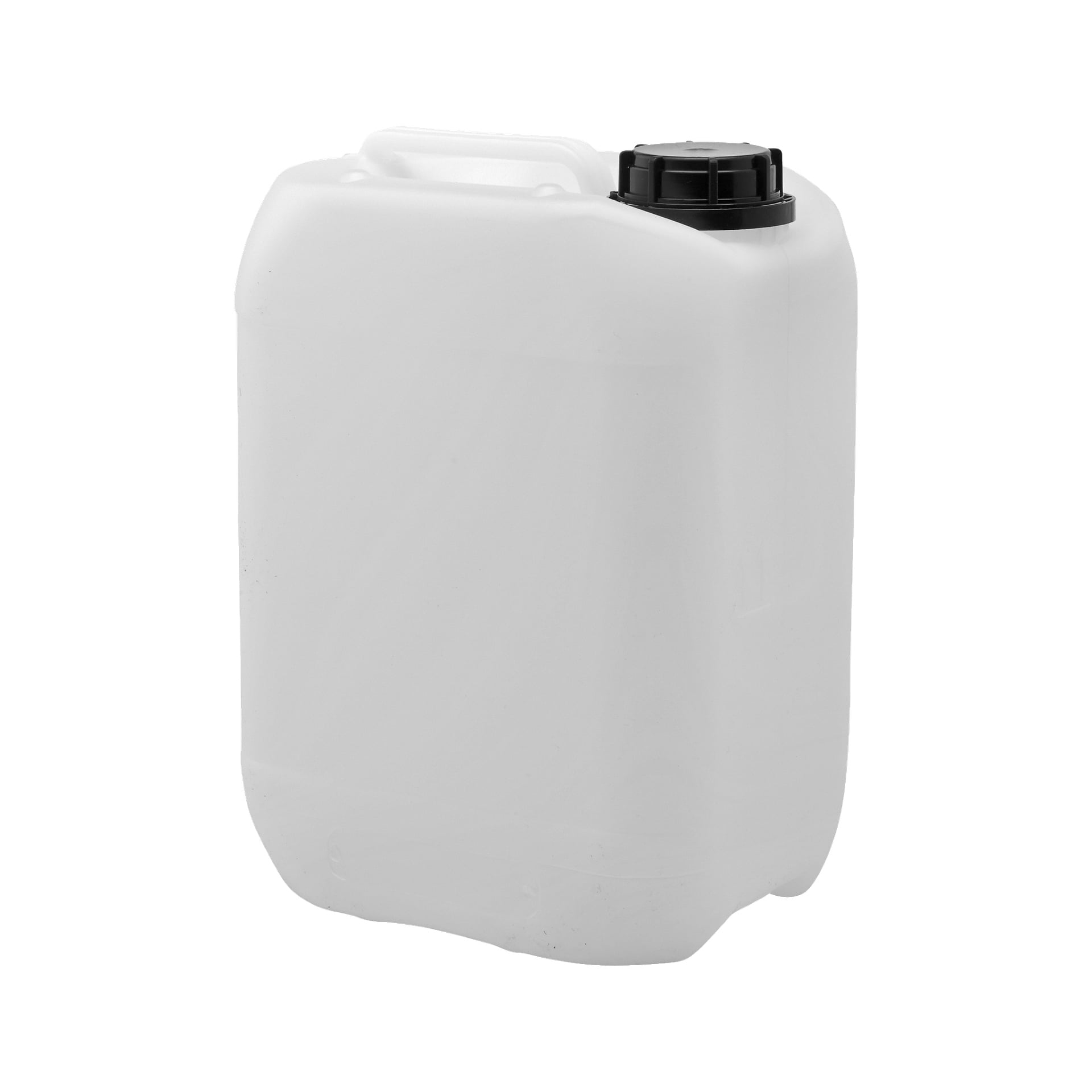 En Kayoba vattenkanna står upprätt, gjord av genomskinlig vit plast med ett svart skruvlock. Den har ett inbyggt handtag på toppen och en rektangulär kropp med mjukt rundade kanter.