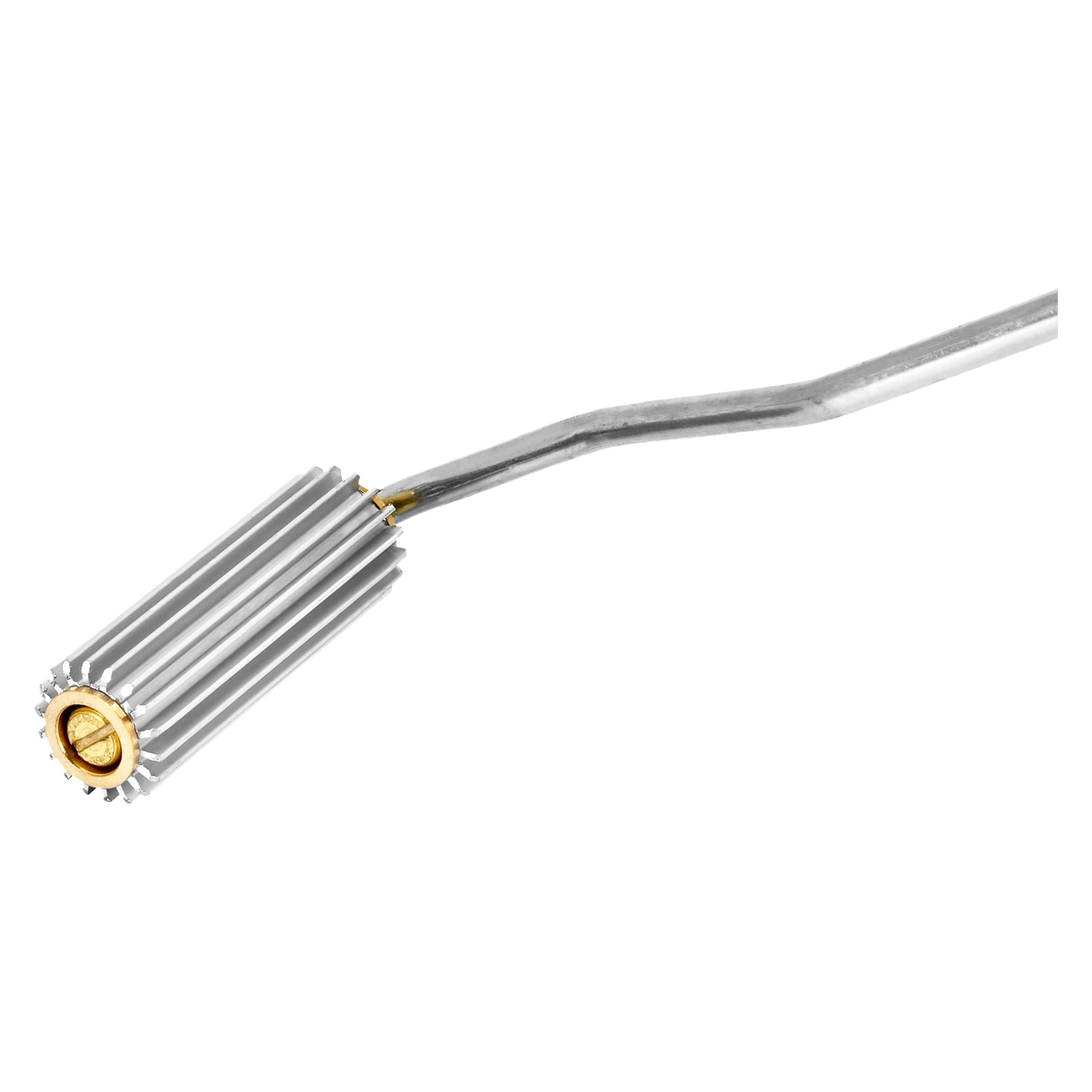 En närbild av Kayoba Aluminium-rullen visar ett metallverktyg med en guldcirkulär fog som fäster dess cylindriska, spårade huvud i ett böjt handtag.