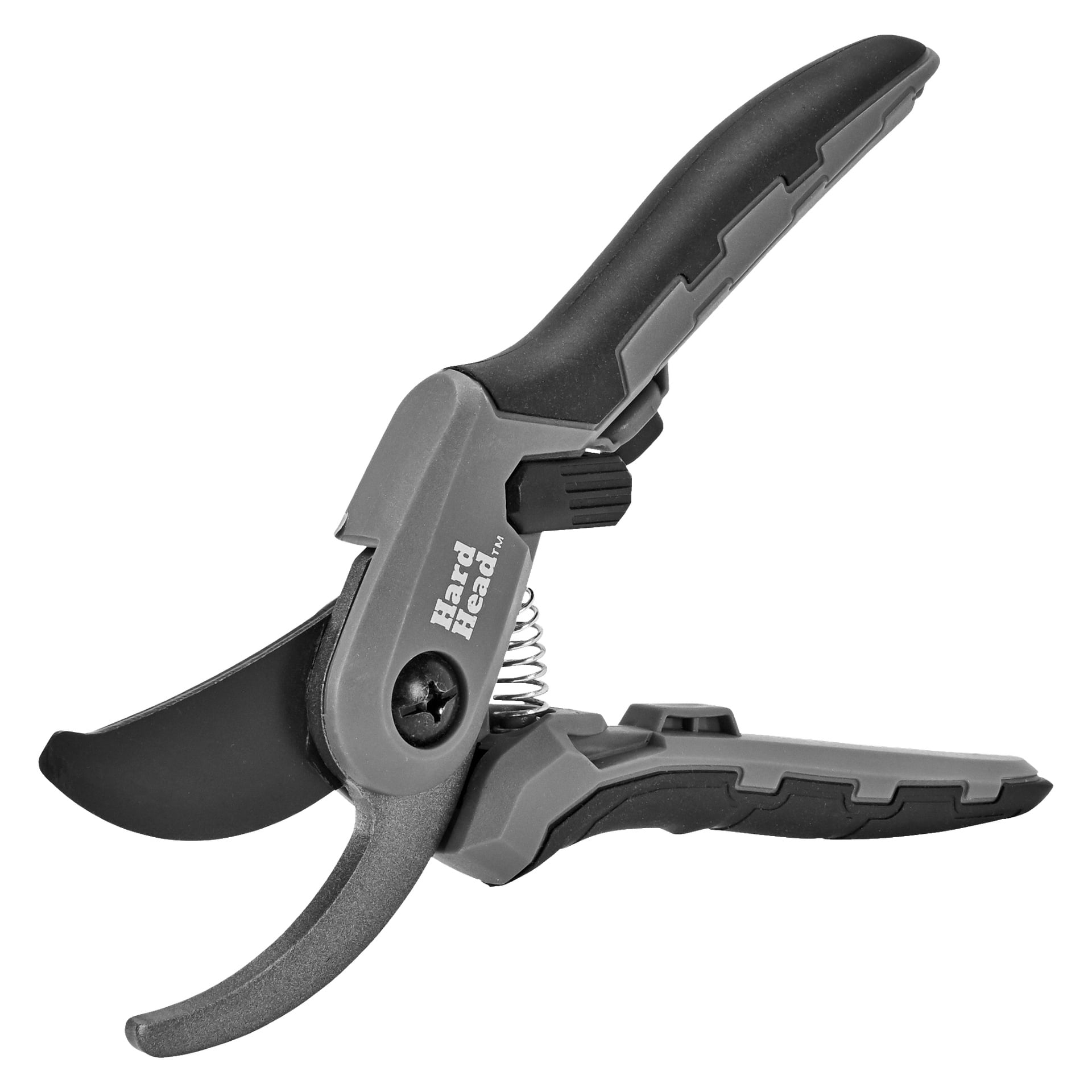 Et nærbilde av Hard Heads saks viser grå og svarte farger, et buet blad, fjærmekanisme, ergonomiske håndtak og merking med teksten Hard Head på siden.