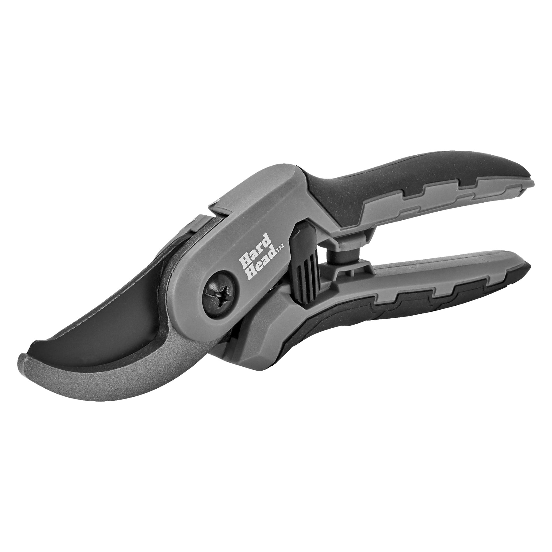 En grå og svart saks fra Hard Head med buet blad og ergonomisk håndtak, merket med merkenavnet Hard Head.