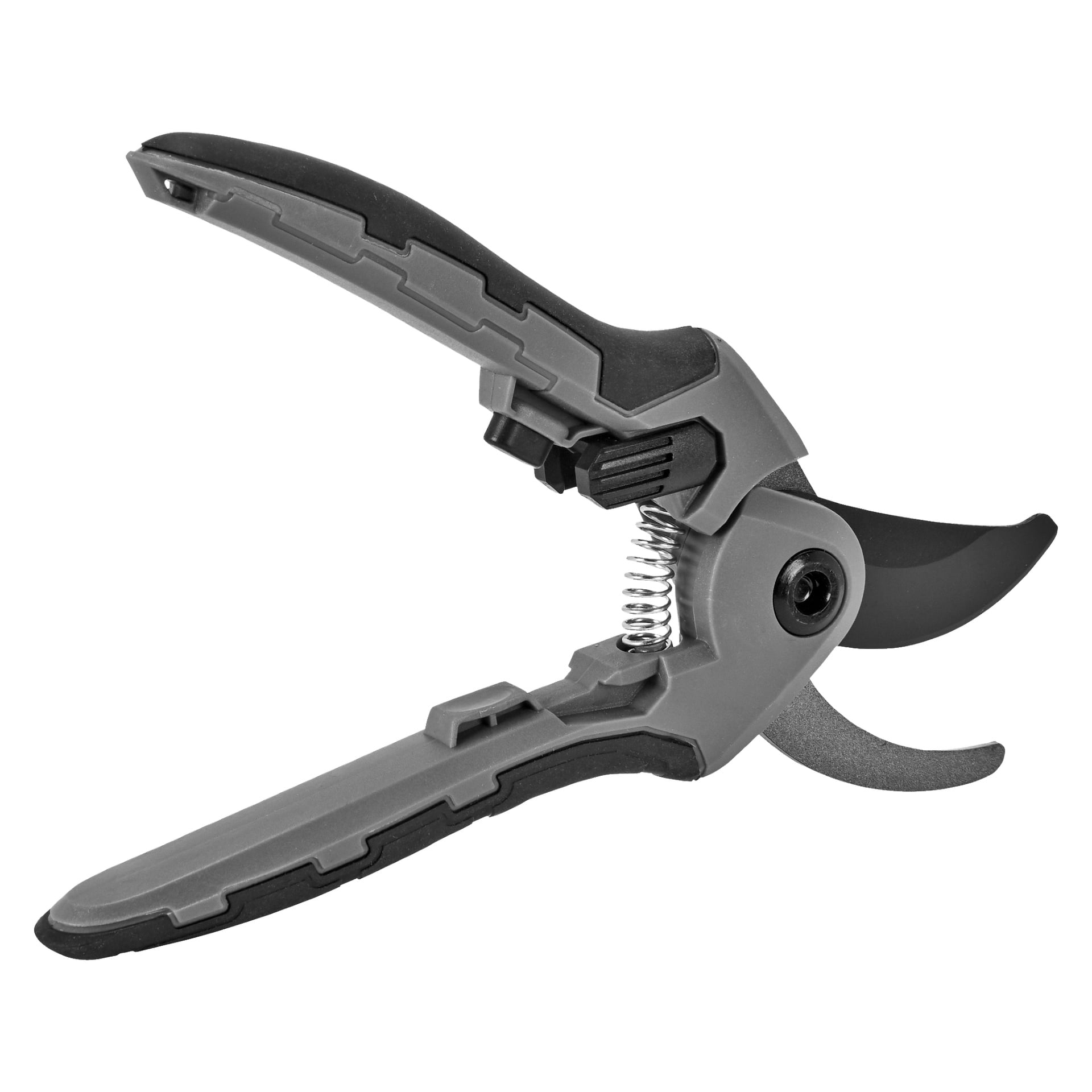 Et nærbilde av sakser merket Hard Head, med et grått og svart ergonomisk håndtak, vinklede blader og en synlig fjærmekanisme, vist i åpen posisjon.