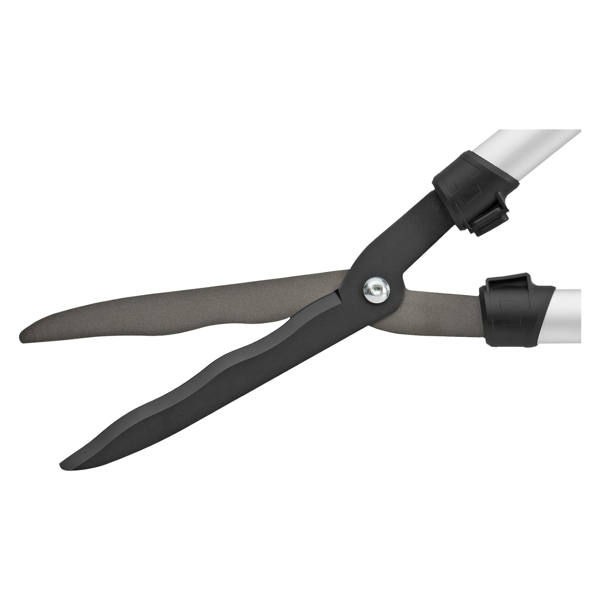 En närbild på Hard Head Hedge trimmer visar dess vågiga svarta blad och silverfärgade handtag.