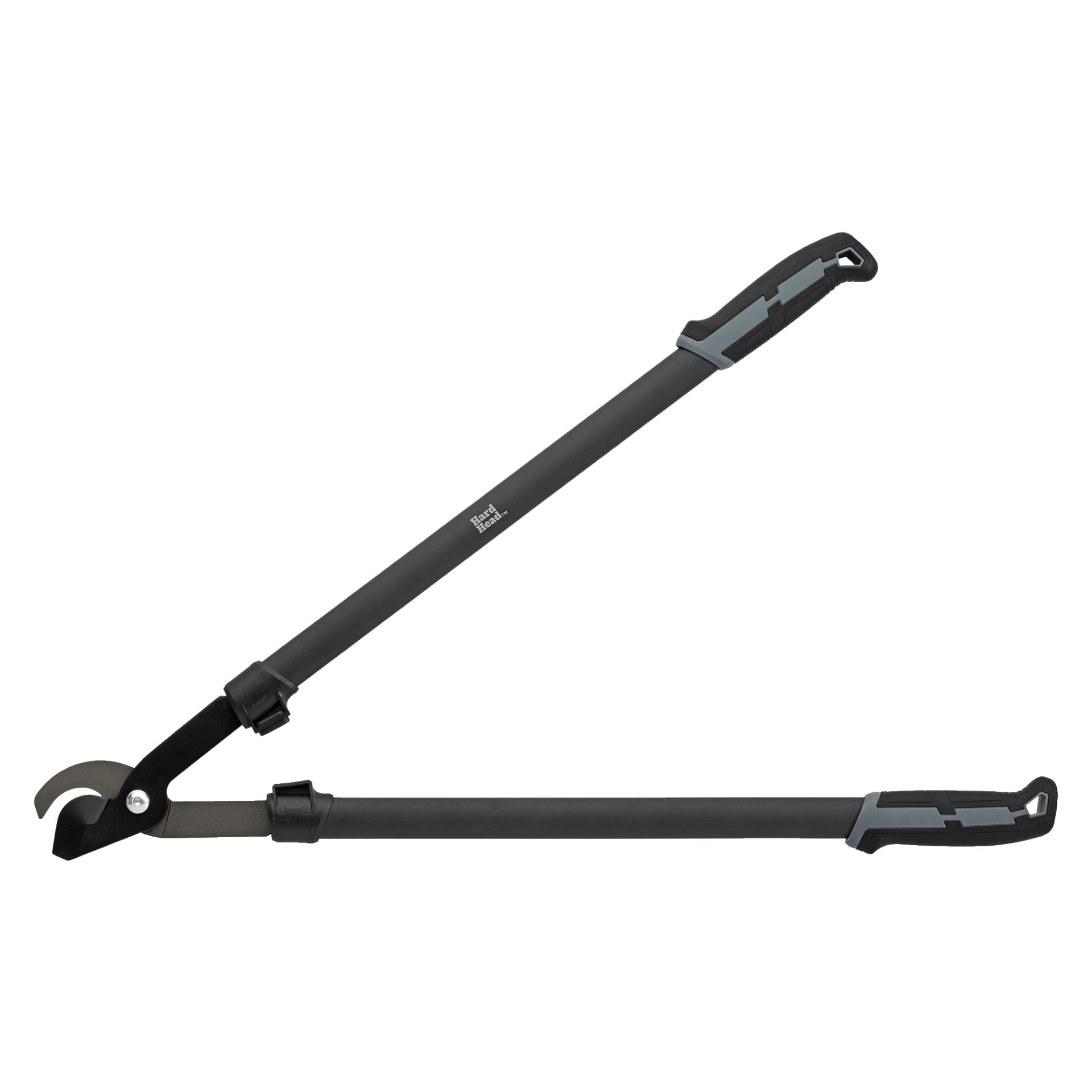 Ett par Hard Head Klipping Saxs med förlängda handtag och lutande blad för att trimma grenar. De svarta handtagen är utrustade med svarta och grå grepp för att öka komfort och kontroll.