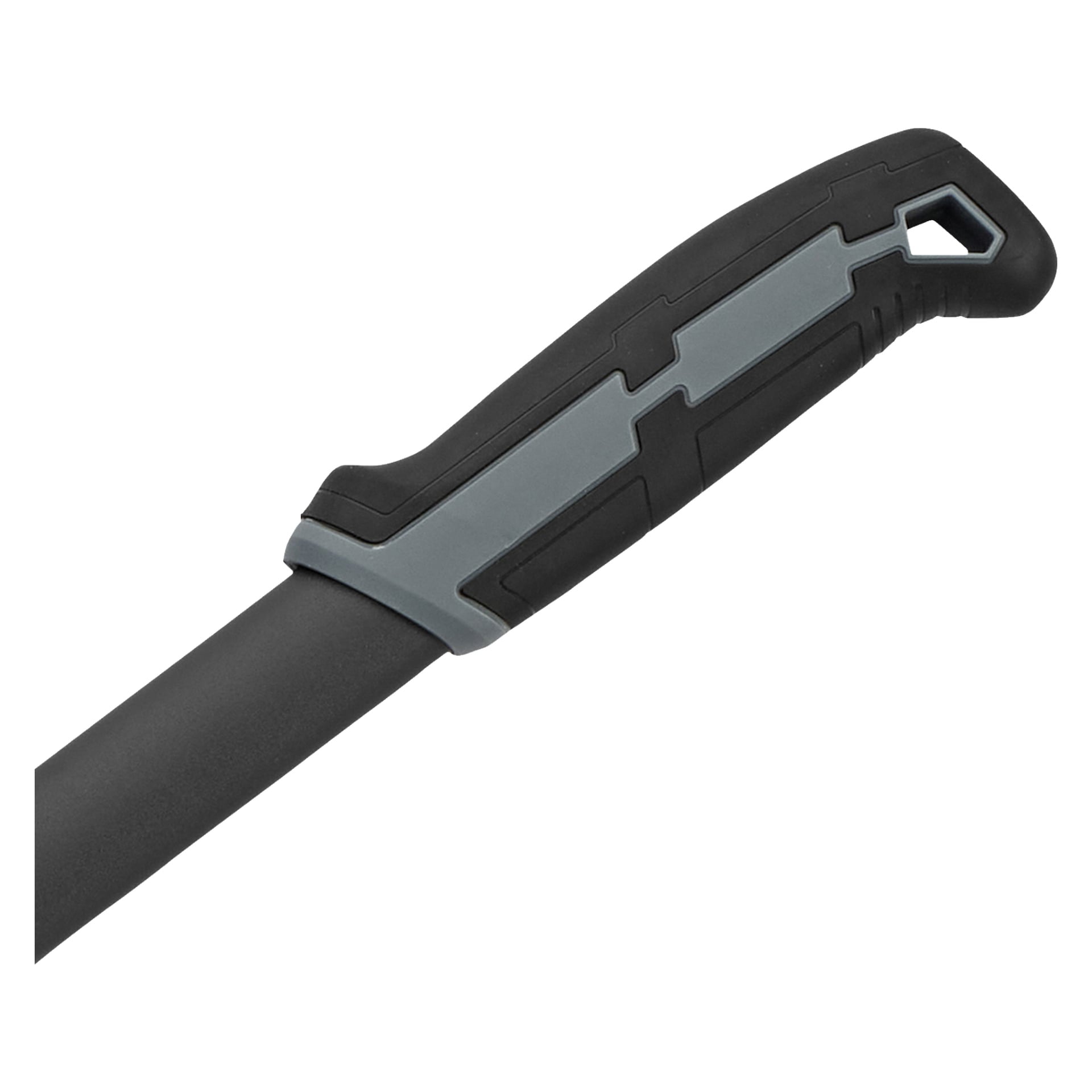 Detaljerad vy av Hard Head klippsaxens ergonomiska handtag i svart och grått, med en utskärning nära spetsen på handtaget.