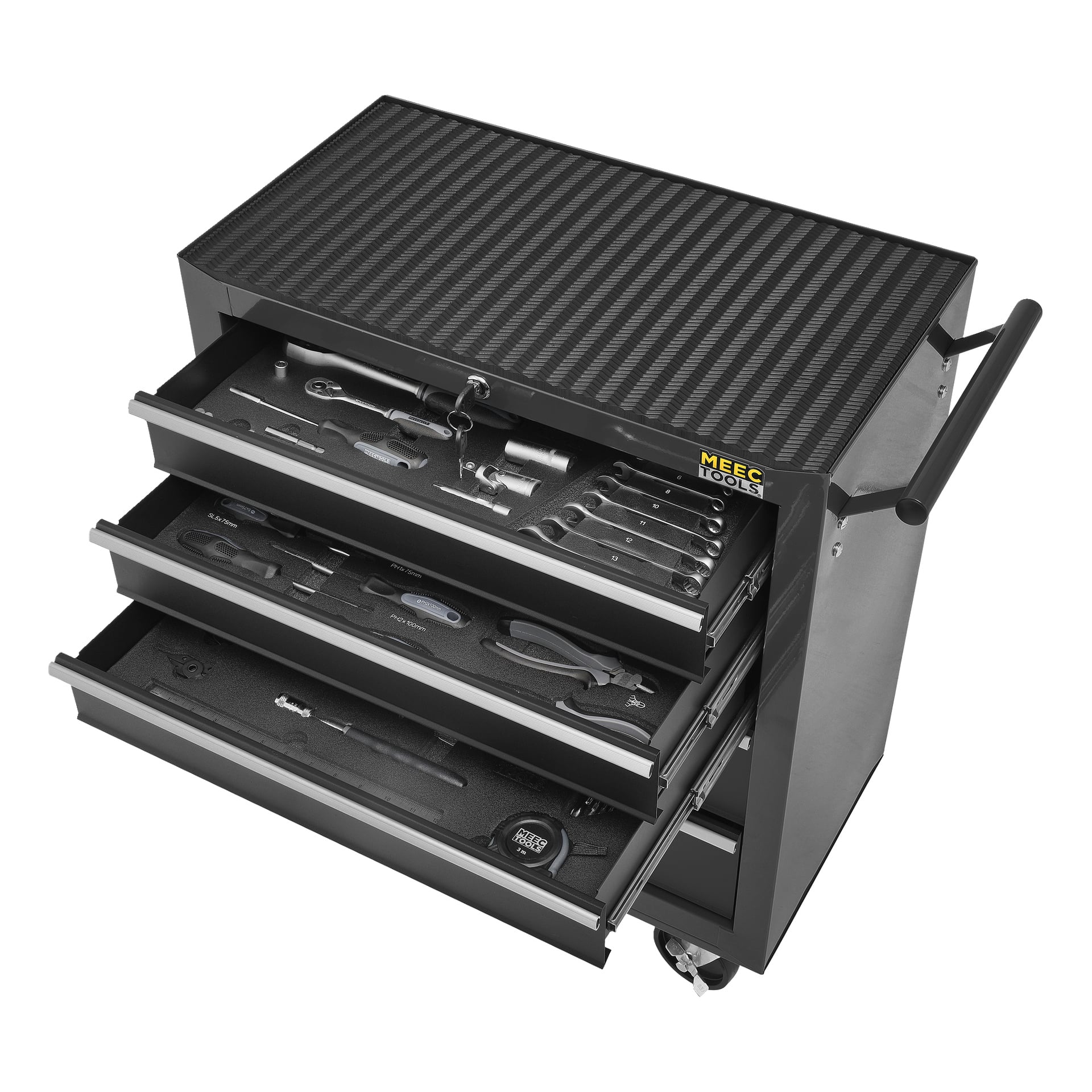metalowy wózek Meec Tools z czterema otwartymi szufladami, każda z narzędziami ręcznymi w pianie. Ma koła i uchwyt ułatwiający mobilność.