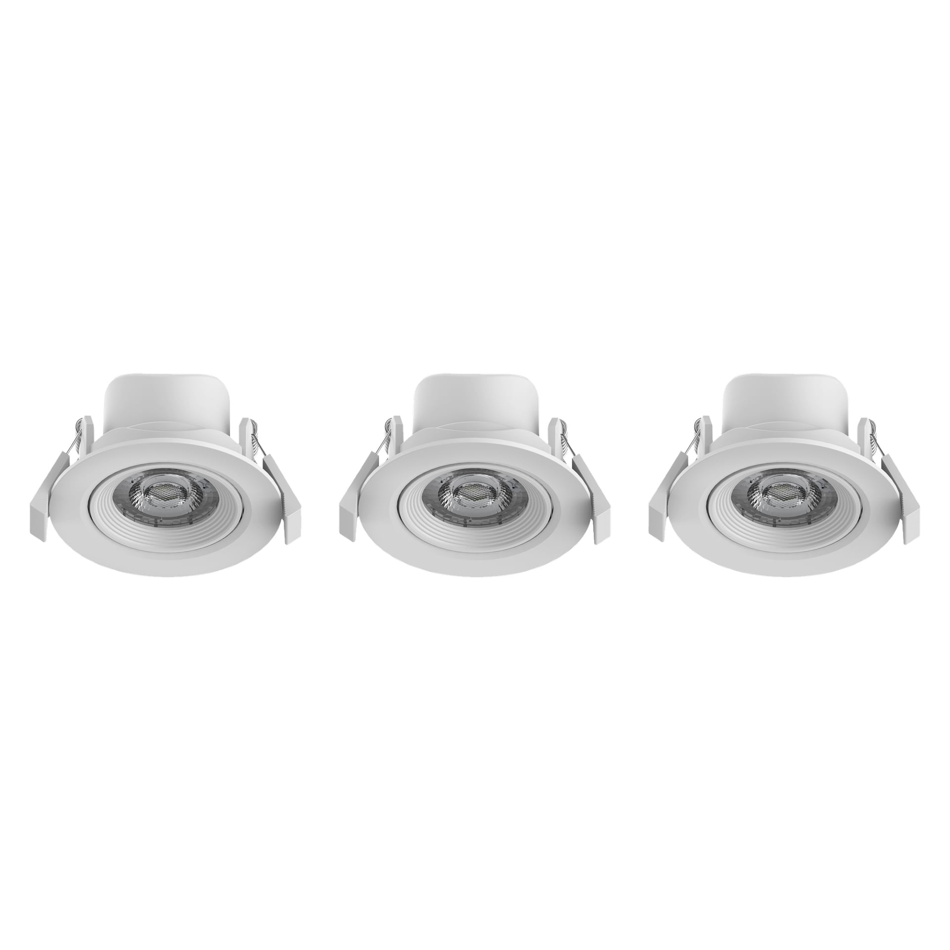 Tre Anslut Downlights LED med vita lister är arrangerade i en rad framifrån, säljs som 3-pack.