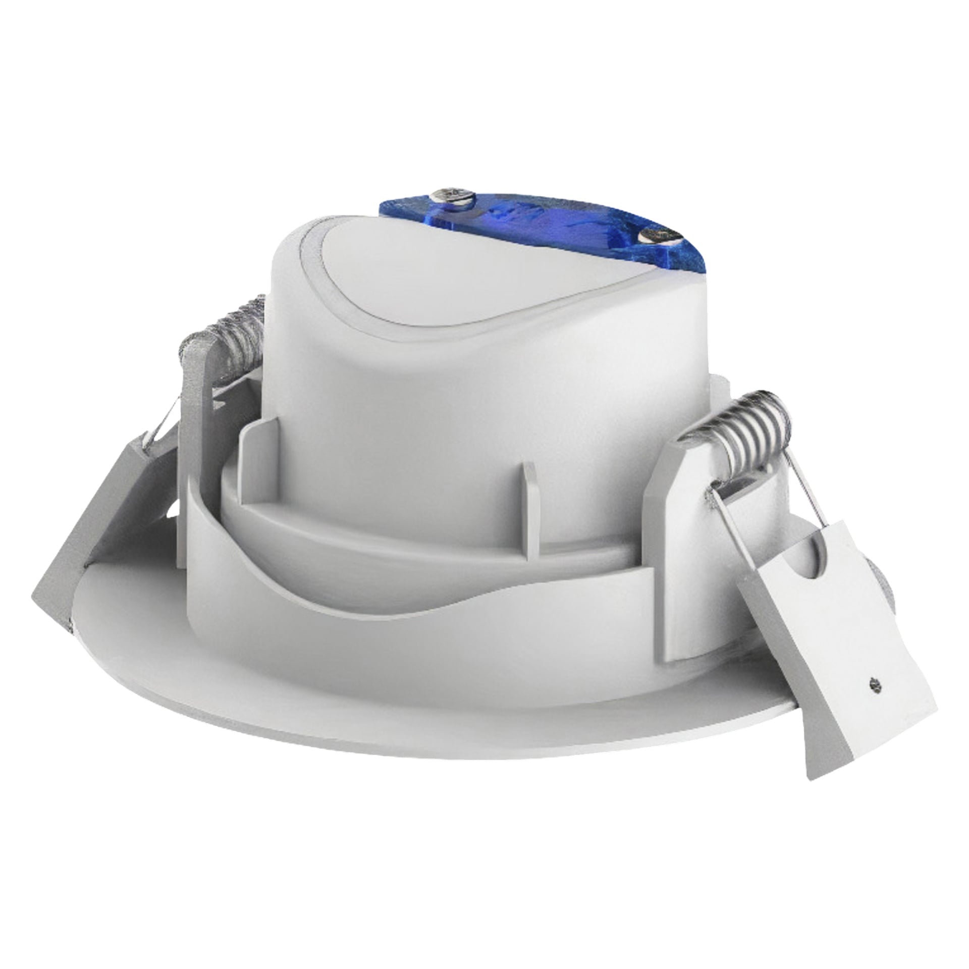 Anslut Downlights LED-set inkluderar tre infällda lampor med vita och grå finish, utrustade med metallfjäderklämmor och en blå komponent ovanpå, lämplig för takmontering.