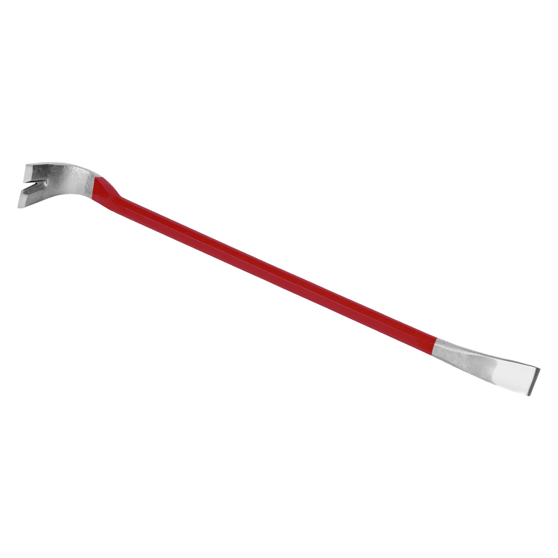 En Meec Tools Prybar med ett rött handtag, en böjd klo i ena änden och en platt, vinklad spets i motsatt ände.