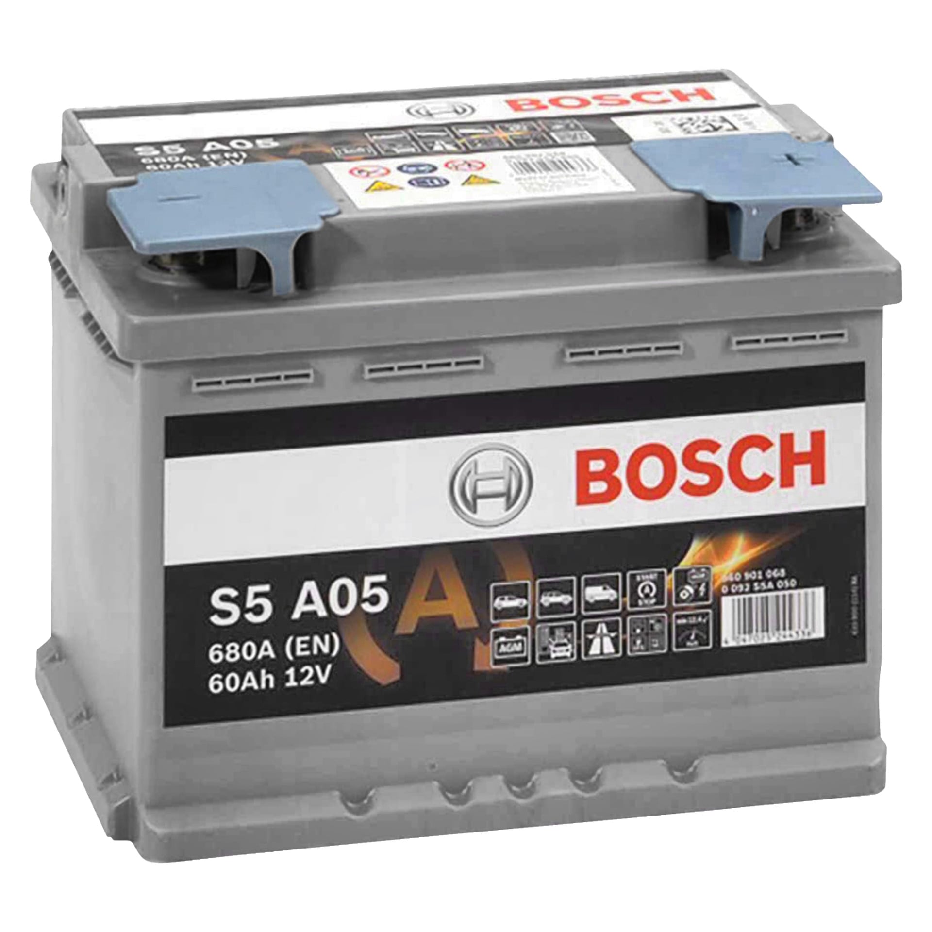 Bosch AGM-bilbatteriet är grått, med etiketter som visar Bosch-märket, detaljerade specifikationer inklusive 680A (EN), 60Ah och 12V, samt ikoner som visar kompatibilitet med olika fordonstyper.