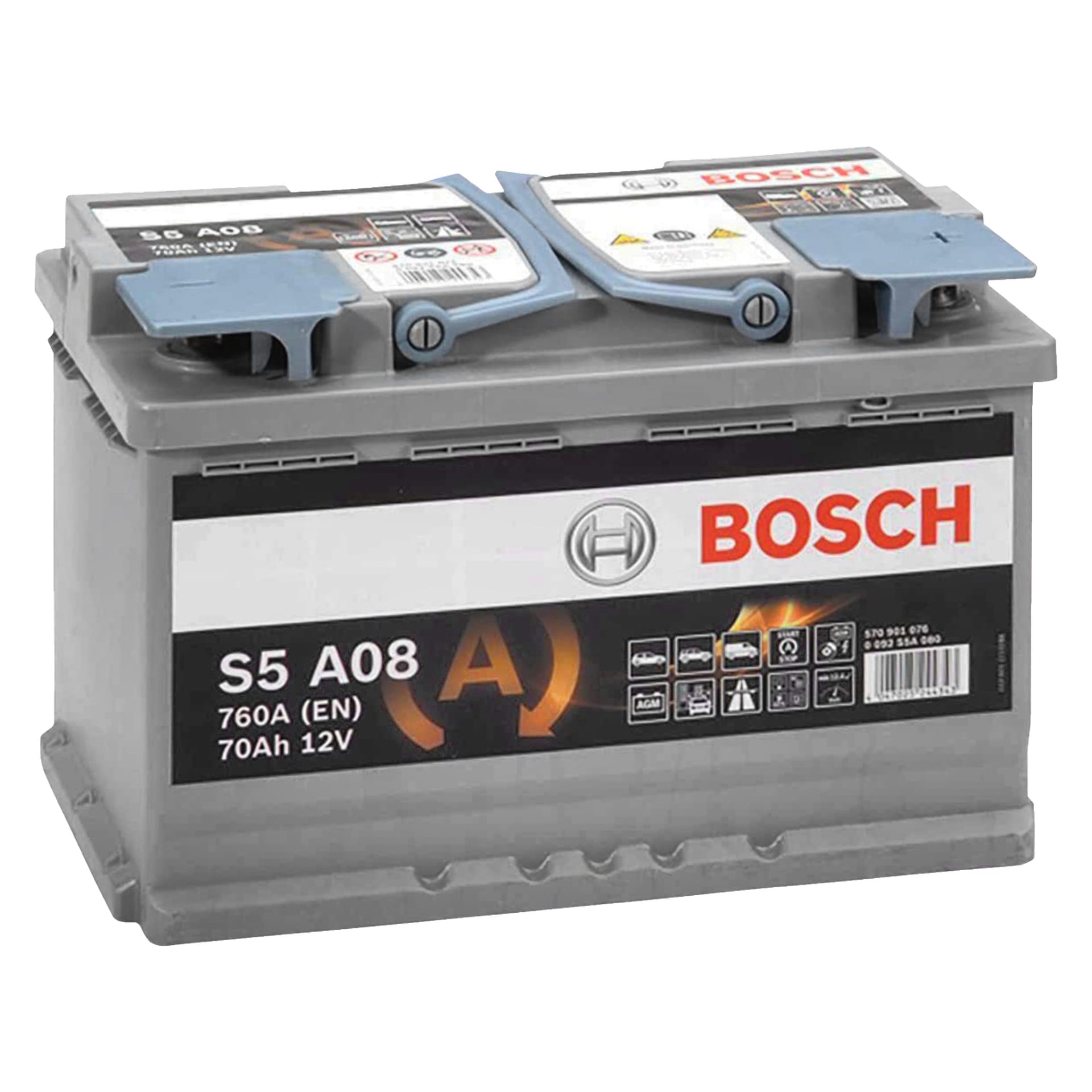 Bosch AGM -auton akku, jossa on harmaa kotelo, sininen ja harmaa kansi sekä rohkea Bosch-brändäys. Etiketissä ja yläosassa olevat tekniset tiedot sisältävät 760A, 70Ah ja 12V, sekä erilaisia turvallisuusikoneita.